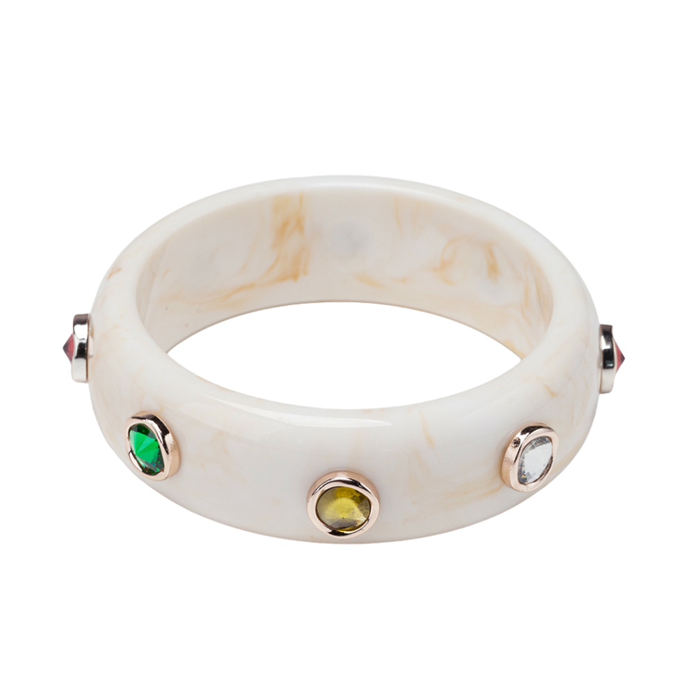 White, Cream Acrylic Bangle Bracelet with Green, Lime, Light Green Crystals