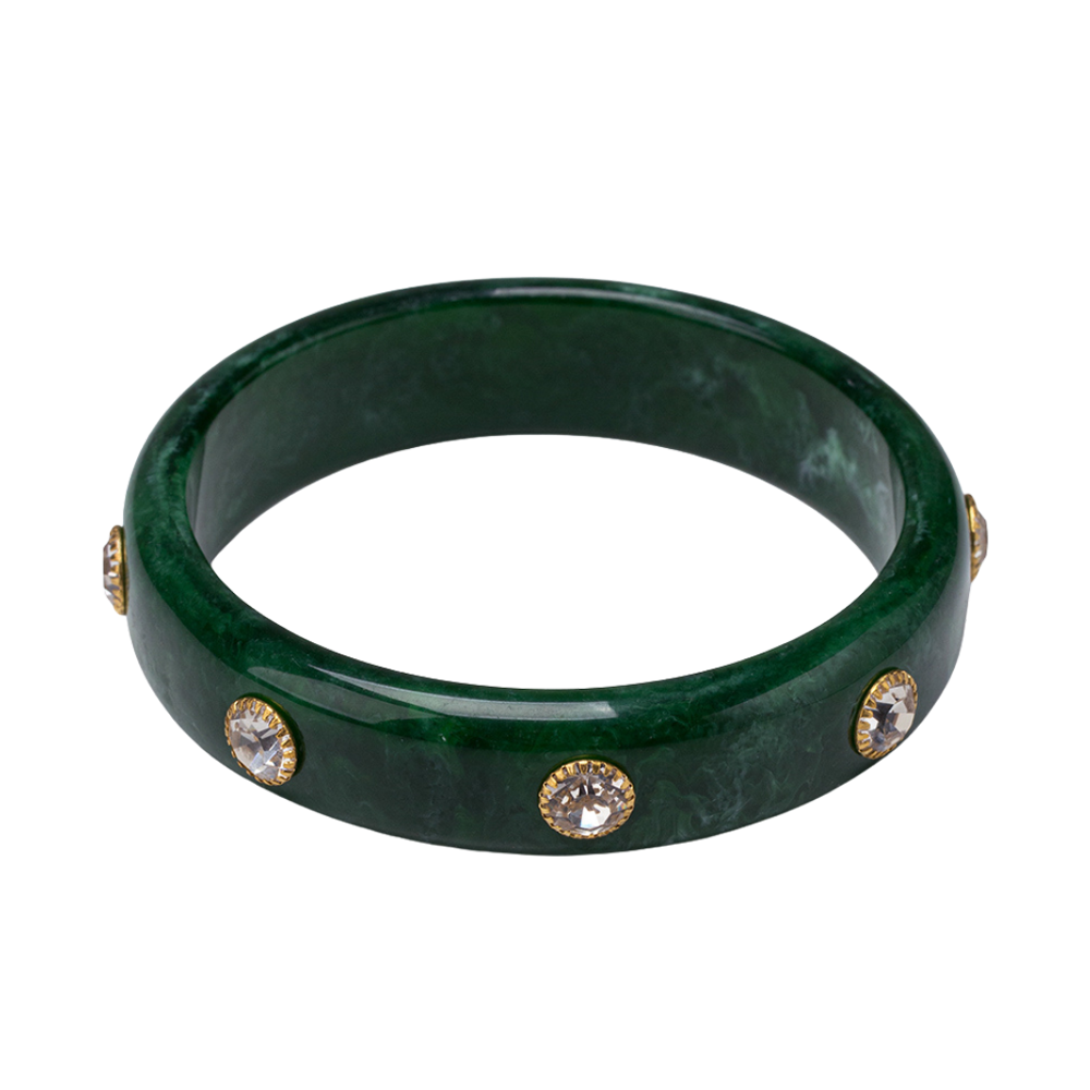 Green Marbled Acrylic Bangle Bracelet with Clear Crystals