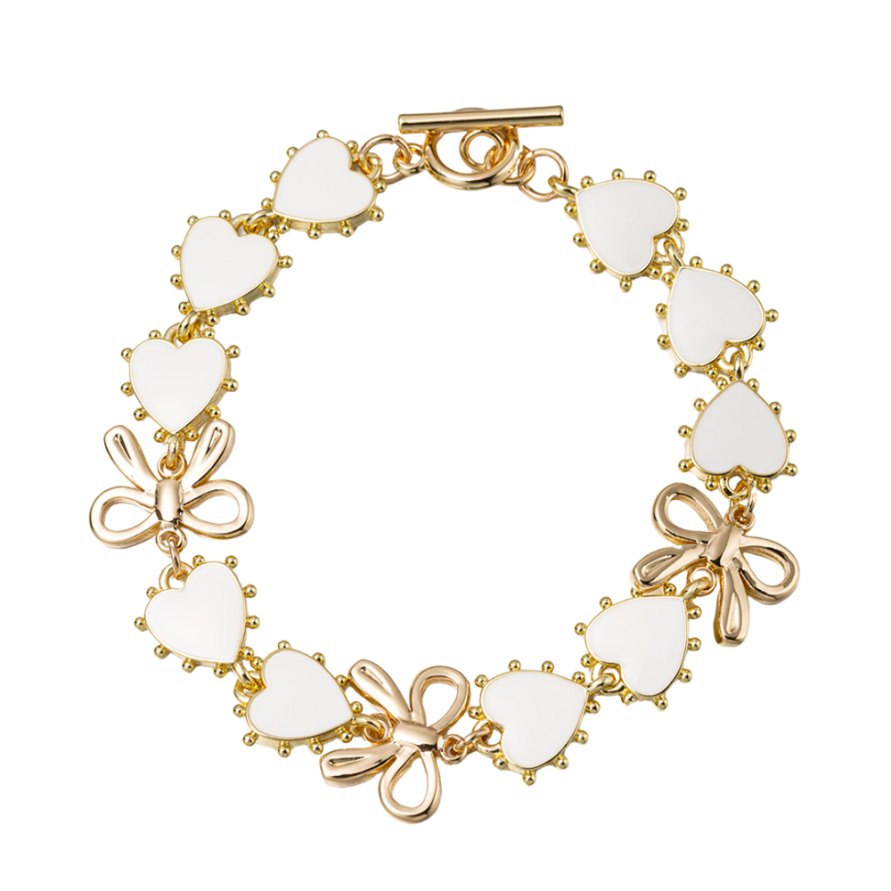 White, Gold Linked Hearts & Bows Toggle Bracelet