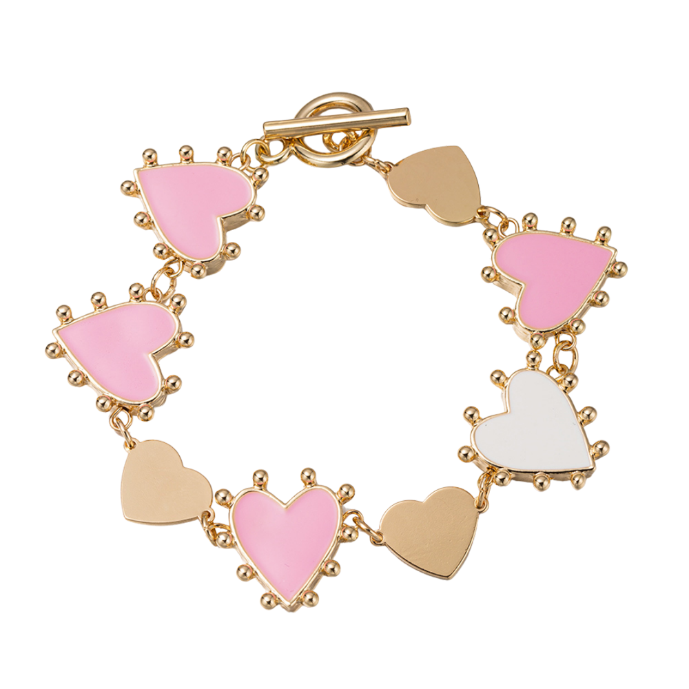 Pink, White, Gold Linked Hearts Toggle Bracelet