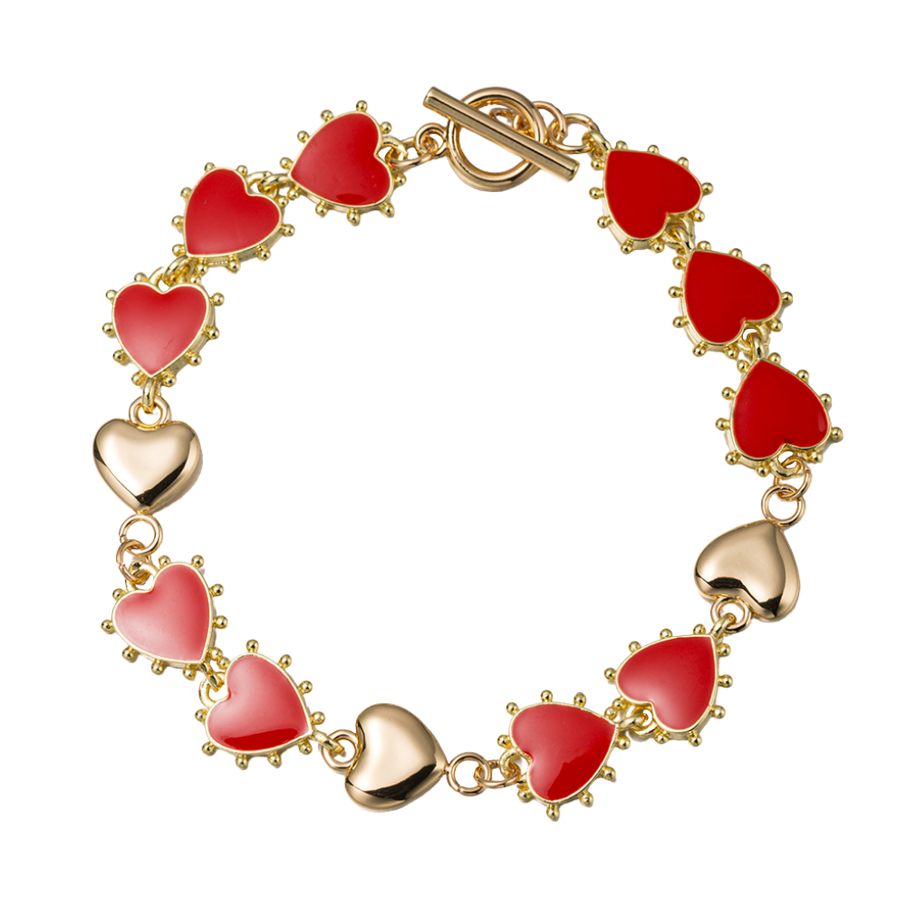 Red, Gold Linked Hearts Toggle Bracelet