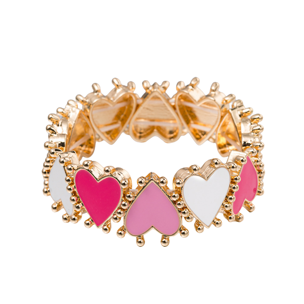 Hot Pink, Pink, White, Gold Enamel Hearts Bracelet