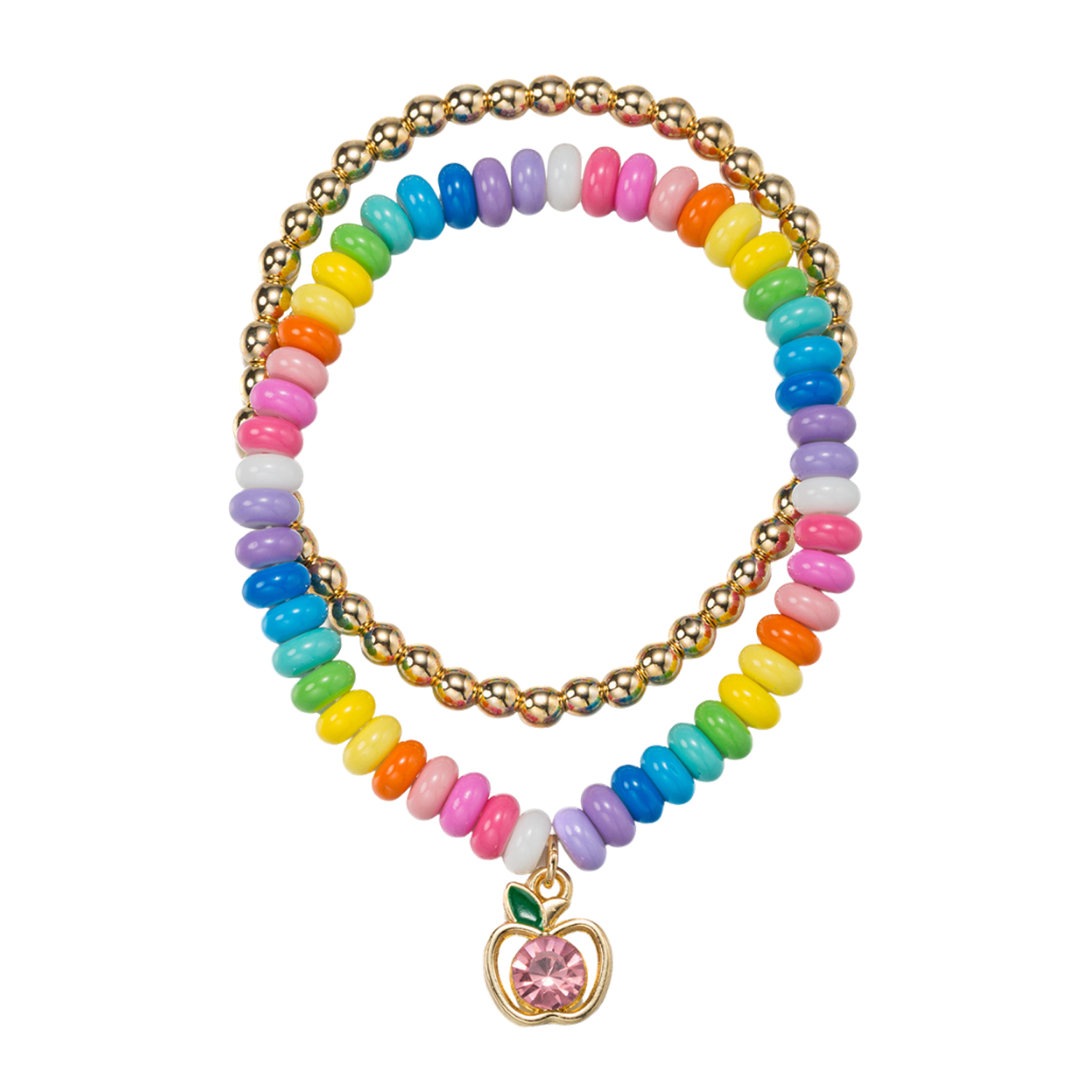 Set of 2 Beaded Stretch Bracelet with Pink Crystal Apple
