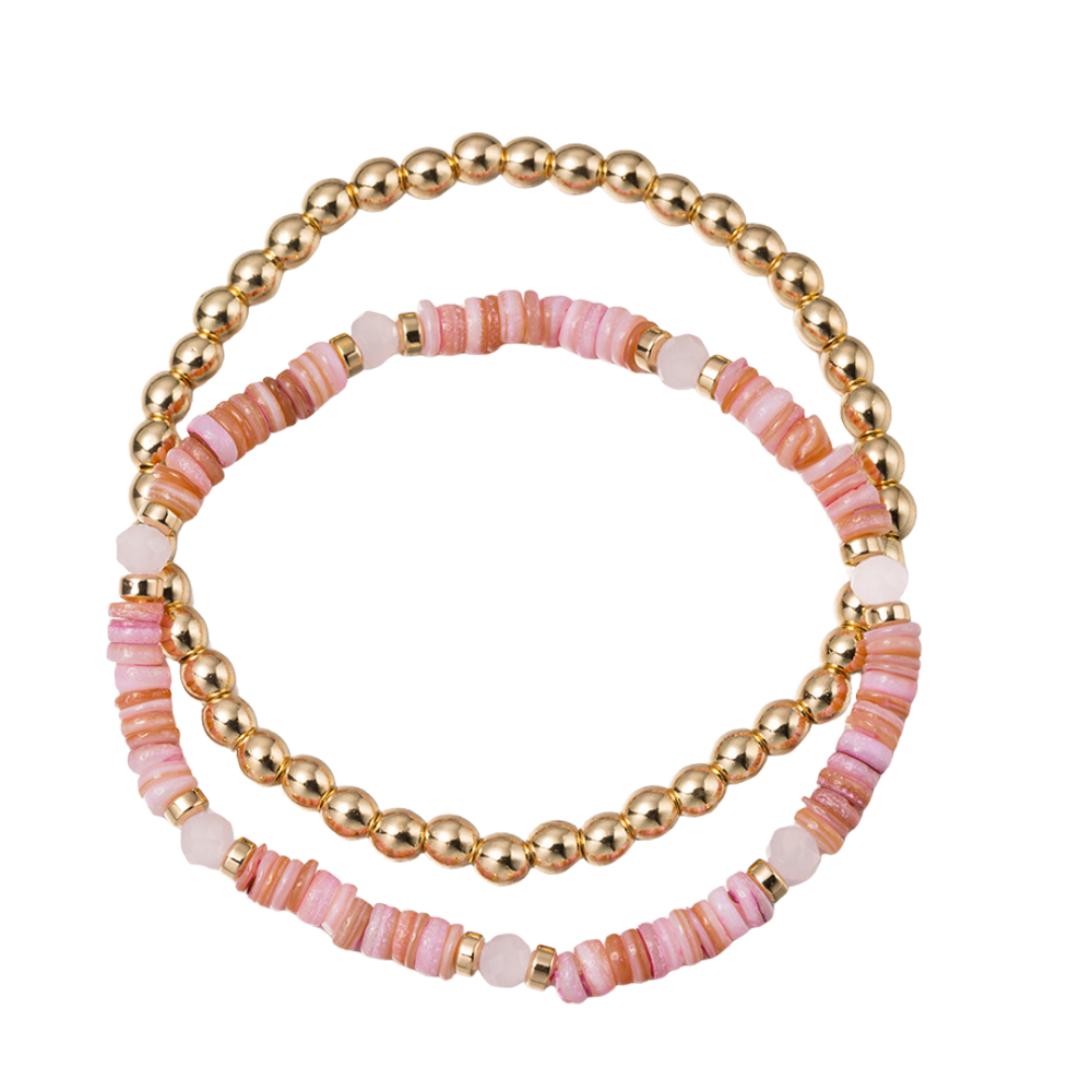 Kids Set of 2 Light Pink, Pink, Mauve Faceted Gemstone Beaded Strand with Gold Stretch Bracelet