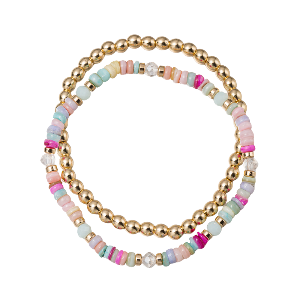 Kids Set of 2 Pastel Multi Faceted Gemstone Beaded Strand with Gold Stretch Bracelet