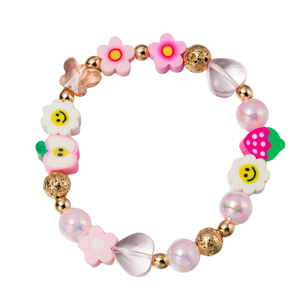 Kids Pink, White, Gold Multi with Strawberry, Flower, Apple Stretch Bracelet