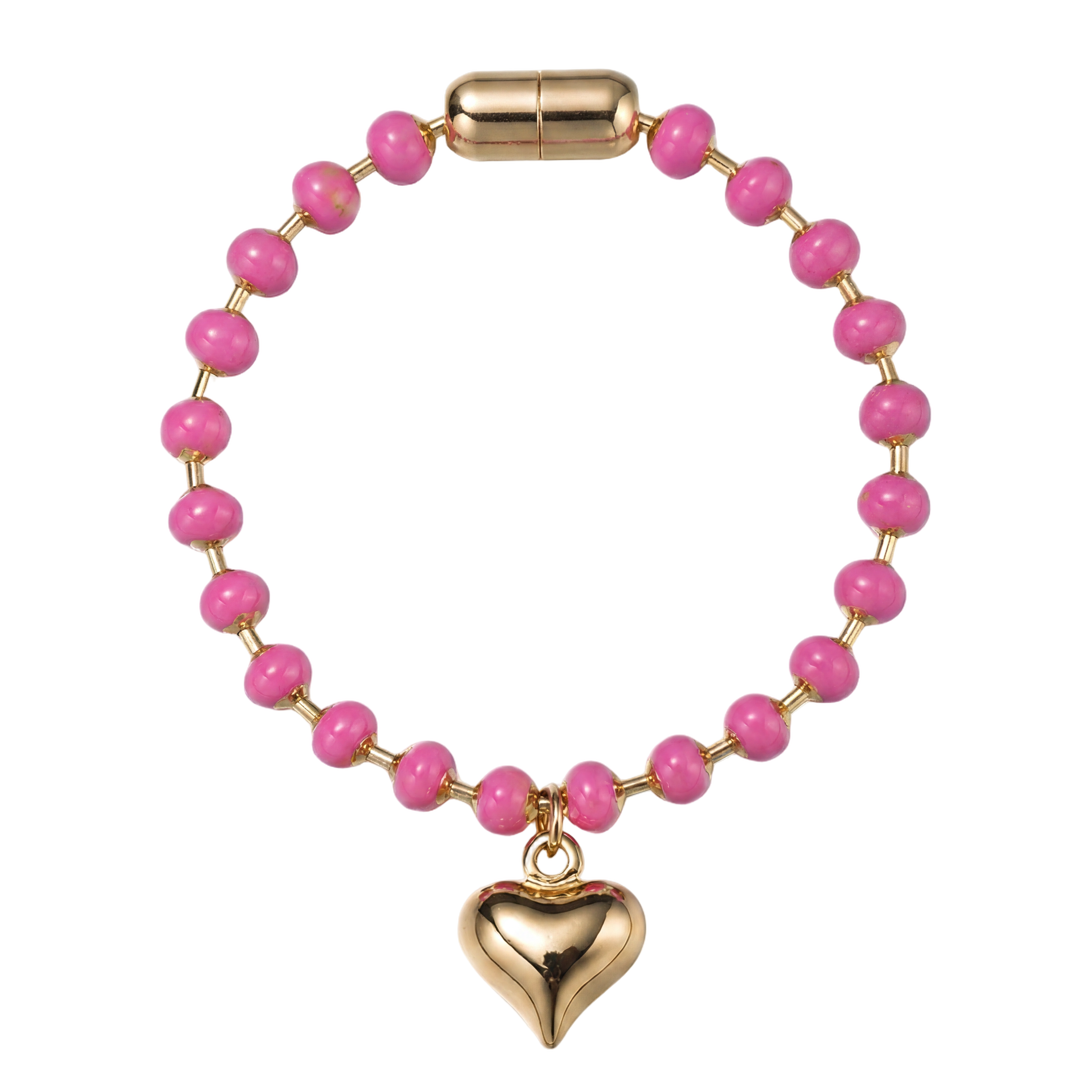 Kids Hot Pink Ball Beaded Bracelet with Gold Bubble Heart Charm