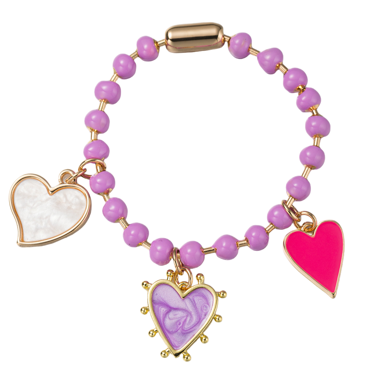 Kids Purple Ball Beaded Bracelet with White, Purple, Pink Heart Charms
