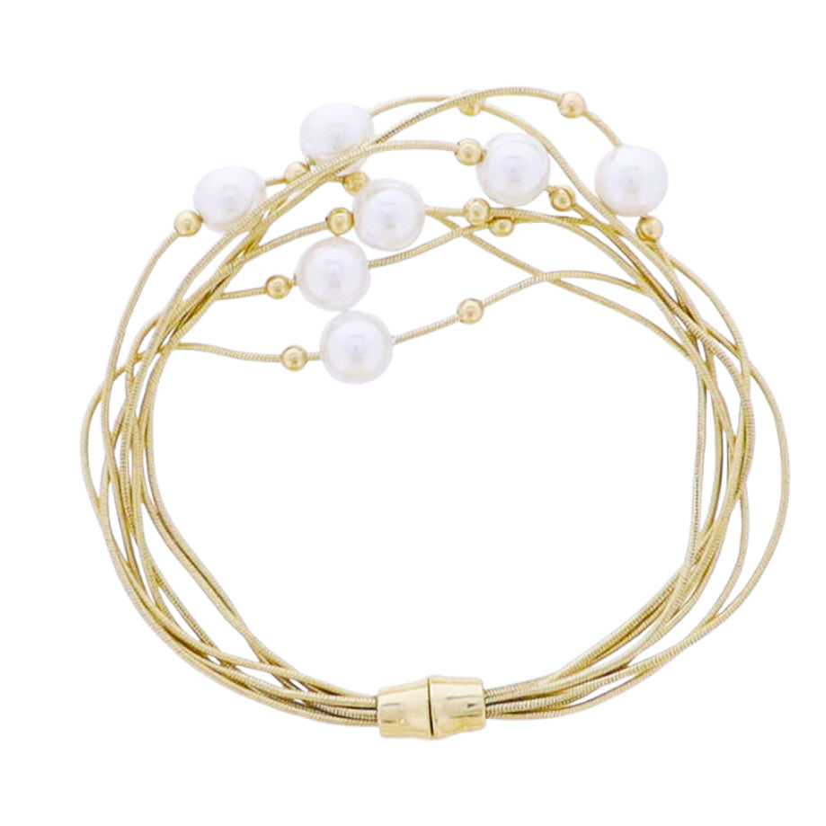 Gold Snake Rope Chain Multi Strand Bracelet with Pearl, Gold Ball Accents