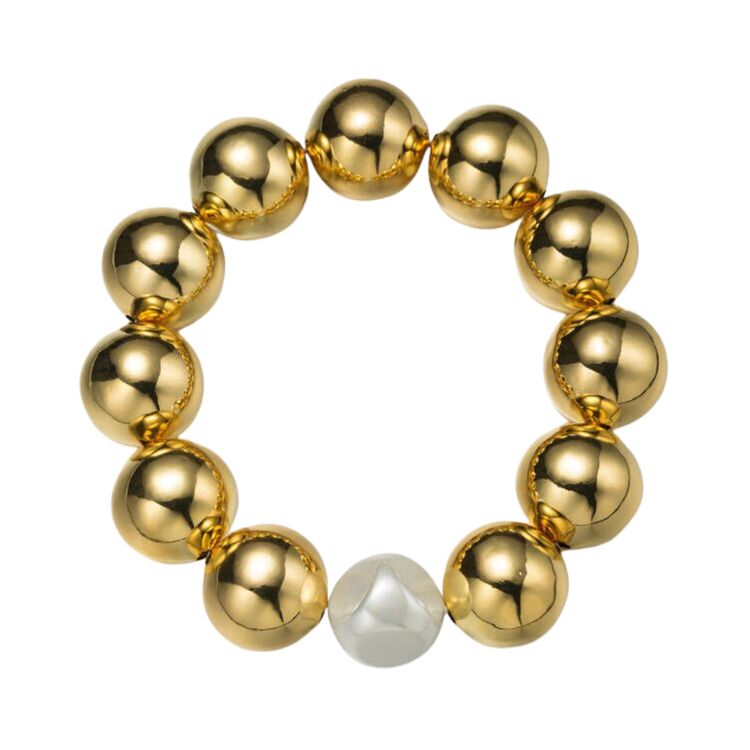 Gold Ball Beaded Large Stretch Bracelet with Pearl