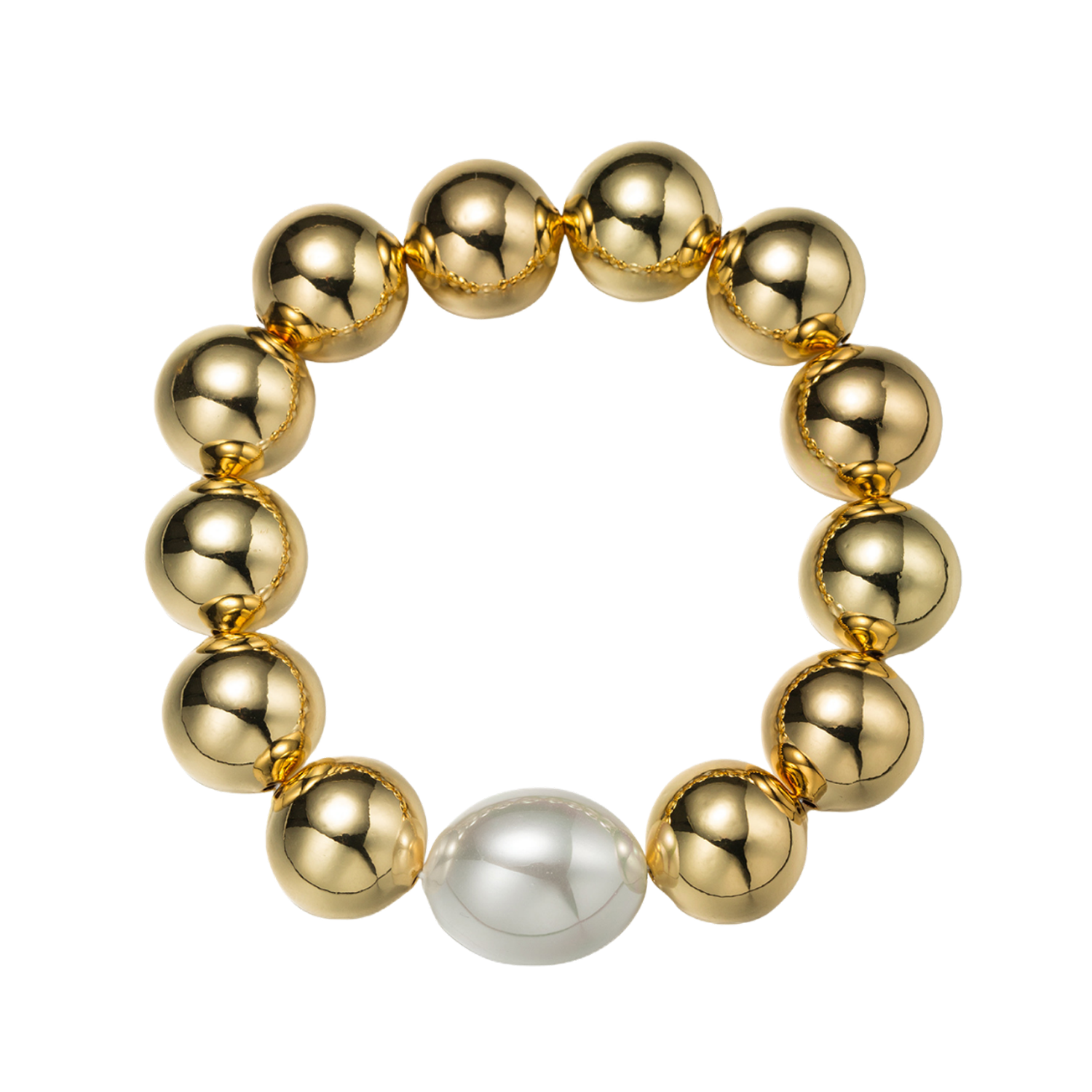 Gold Ball Beaded Medium Stretch Bracelet with Pearl