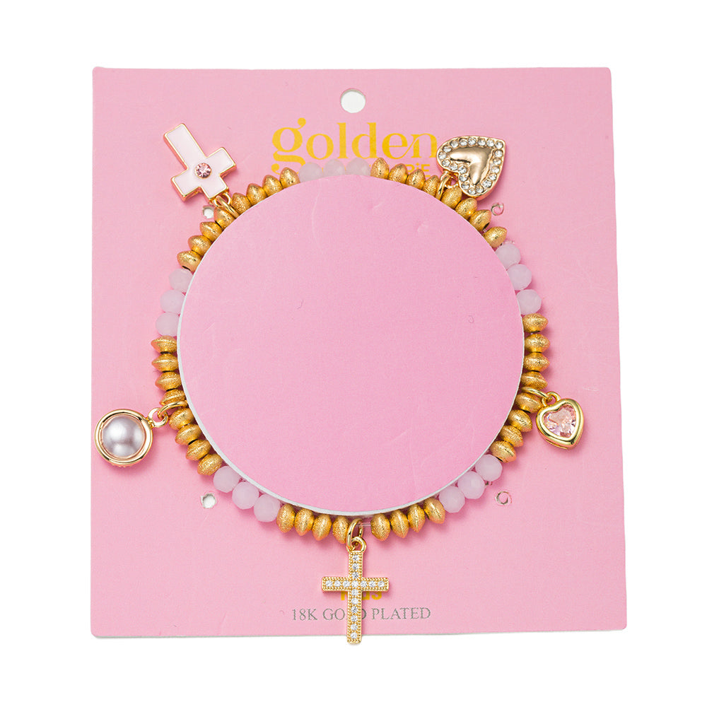 Kids 18k Gold Plated Beaded Cross, Hearts, Pearl Charms Stretch Bracelet