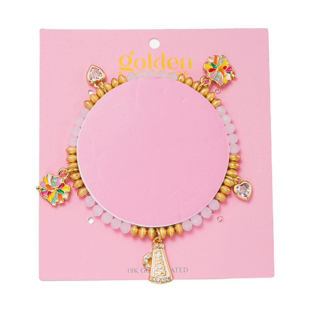 Kids 18k Gold Plated Beaded Megaphone, Pom Poms Charms Stretch Bracelet