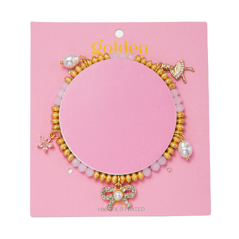 Kids 18k Gold Plated Beaded Ballerina, Bows Pearl Charms Stretch Bracelet