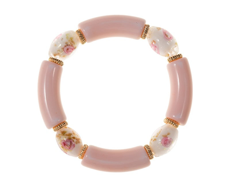 Pink Acrylic Tube Beaded Stretch Bracelet with Floral Beads