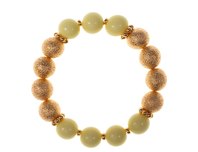 Pale Yellow Beaded Stretch Bracelet with Gold Textured Beads