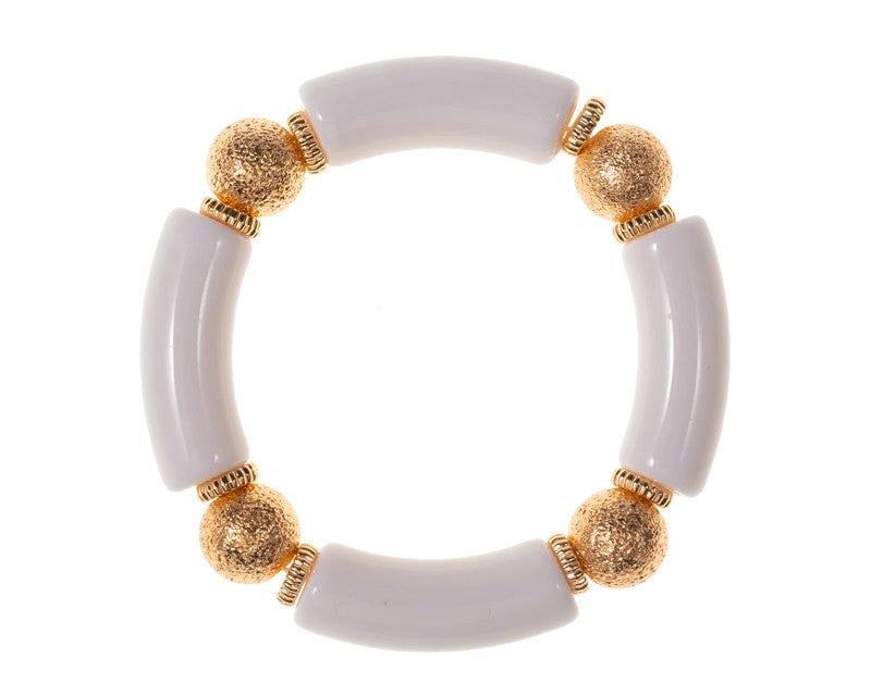 White Acrylic Tube Beaded Stretch Bracelet with Gold Textured Beads