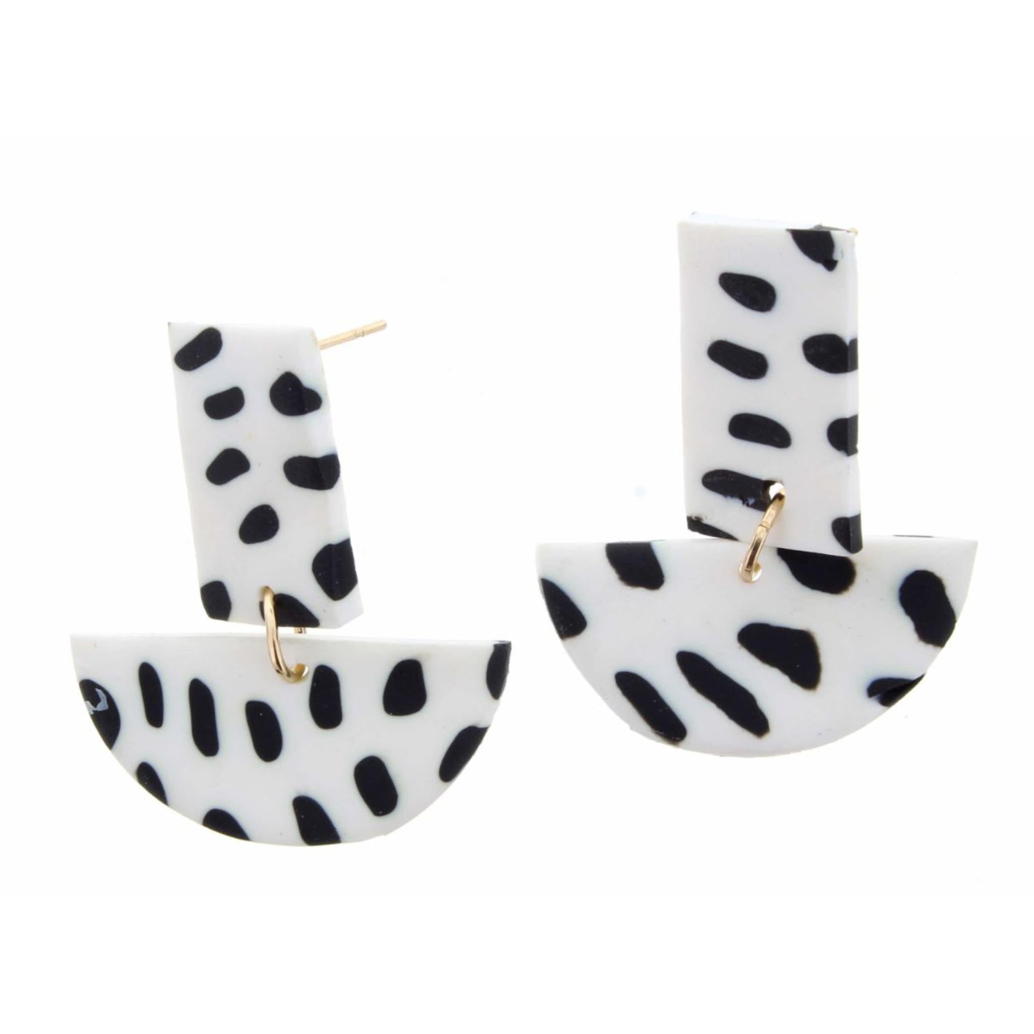 White Abstract Dot Rectangle and Semi-Circle Earring