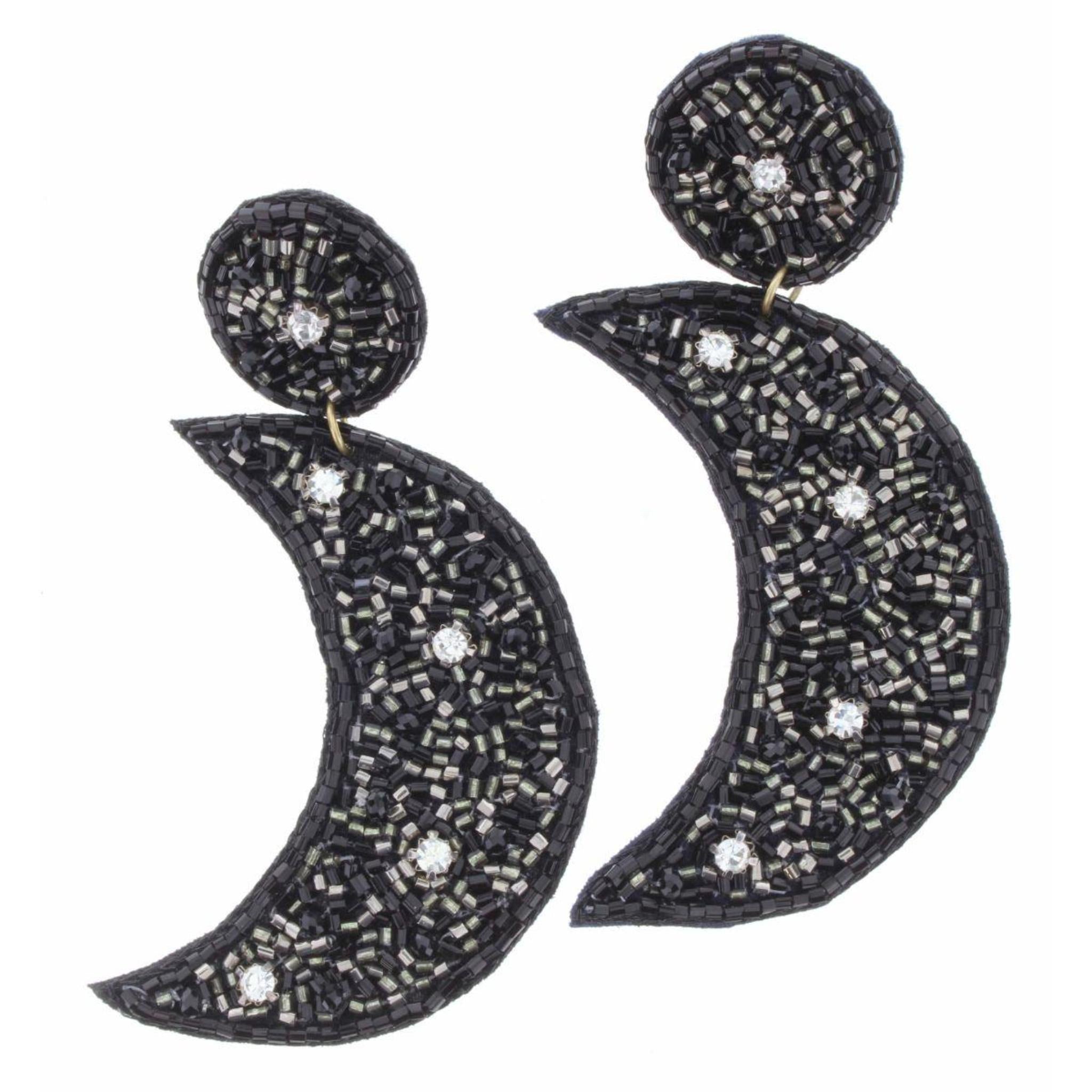 Black and Silver Beaded Moon Earrings