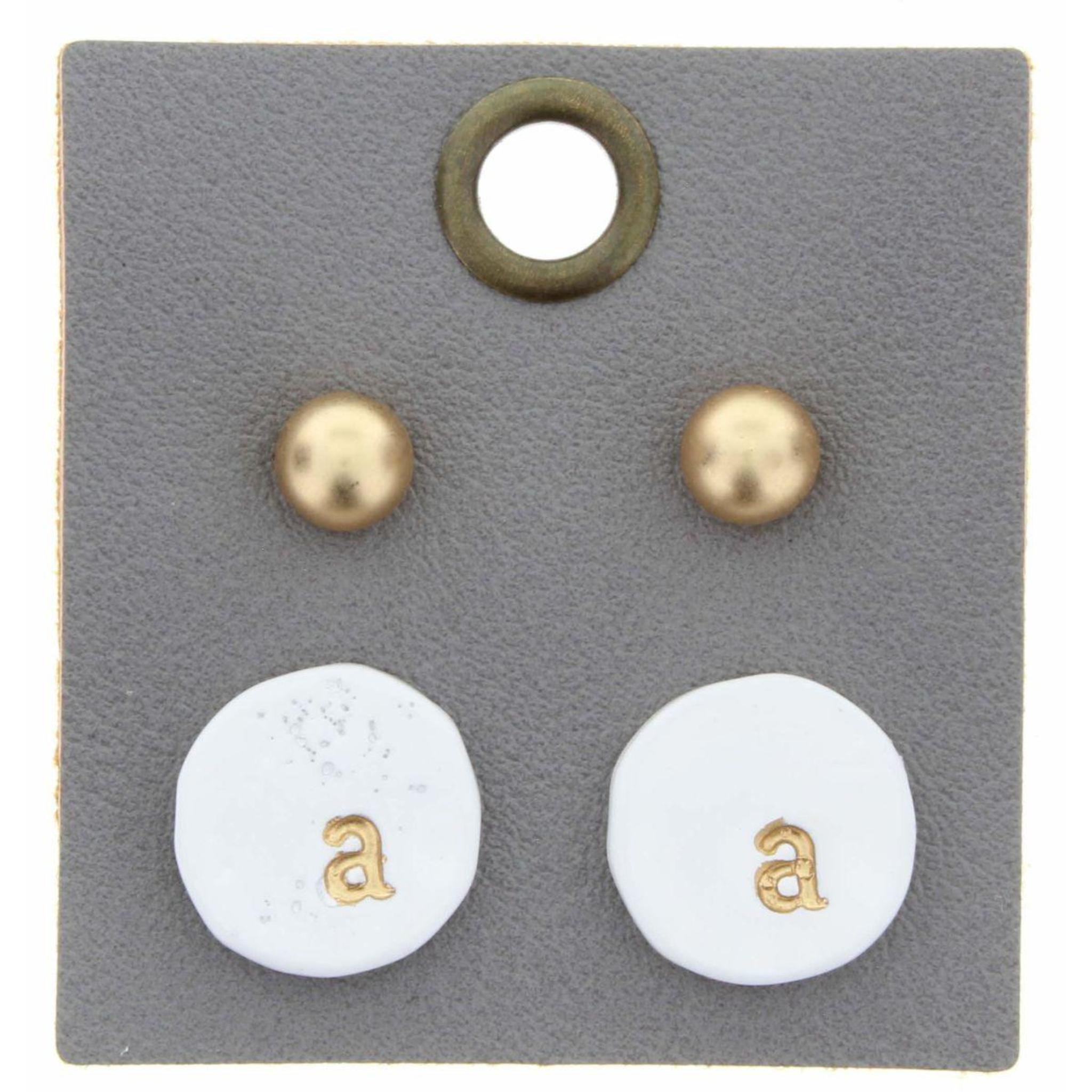 Gold Studs & White Stamped Initial "A" Disk Earring