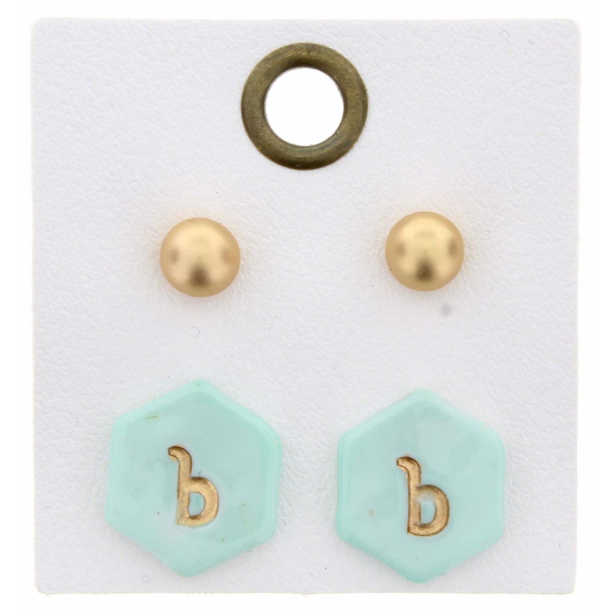 Gold Studs & Mint Stamped Initial "B" Hexagon Earring