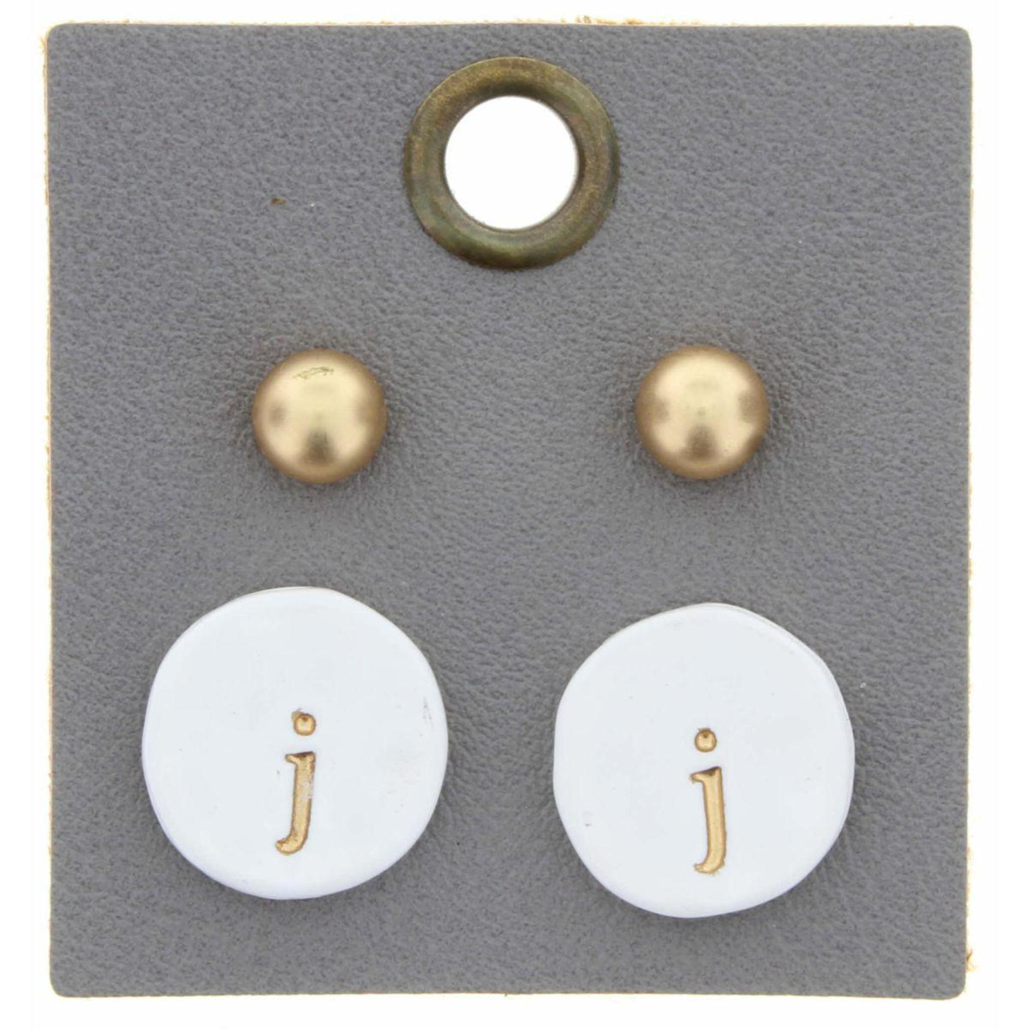 Gold Studs & White Stamped Initial "J" Disk Earring