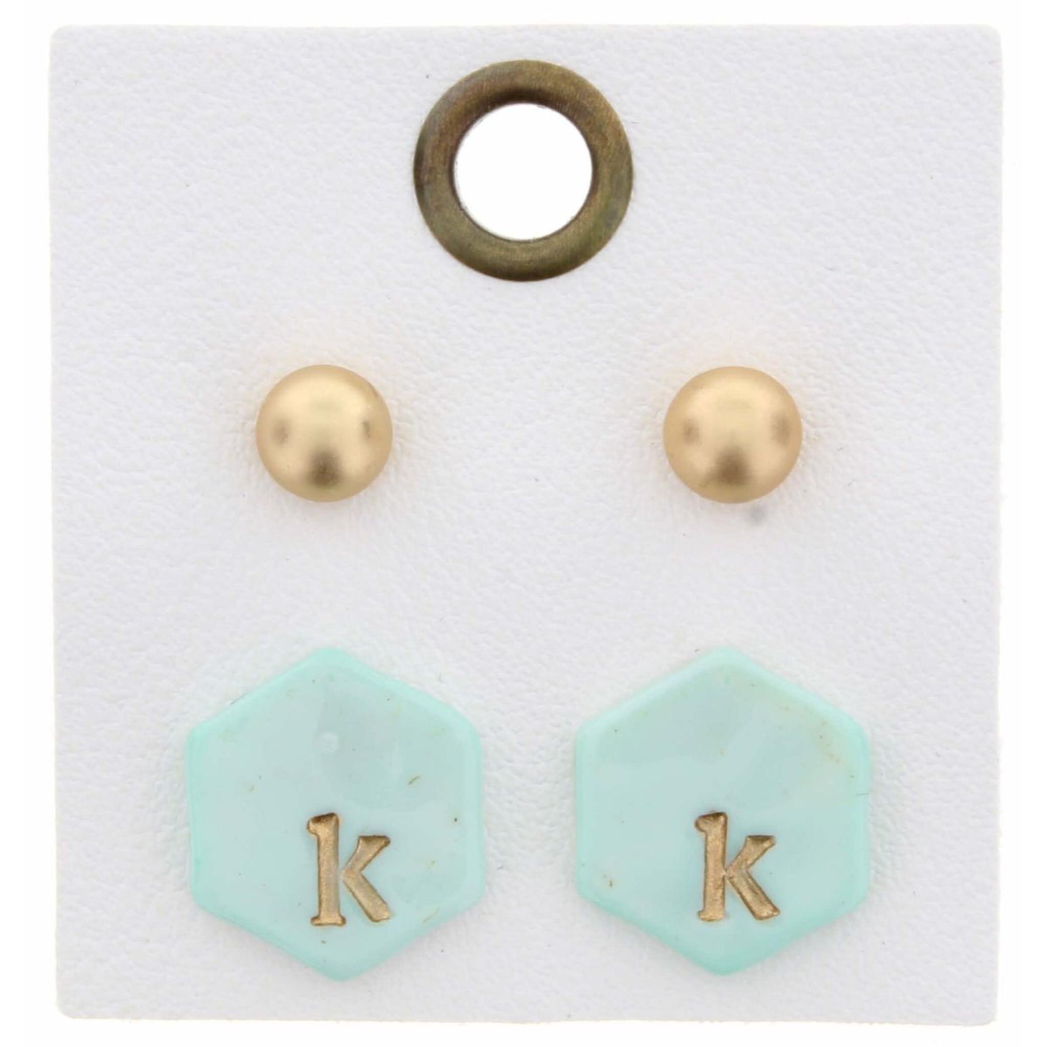 Gold Studs & Mint Stamped Initial "K" Hexagon Earring