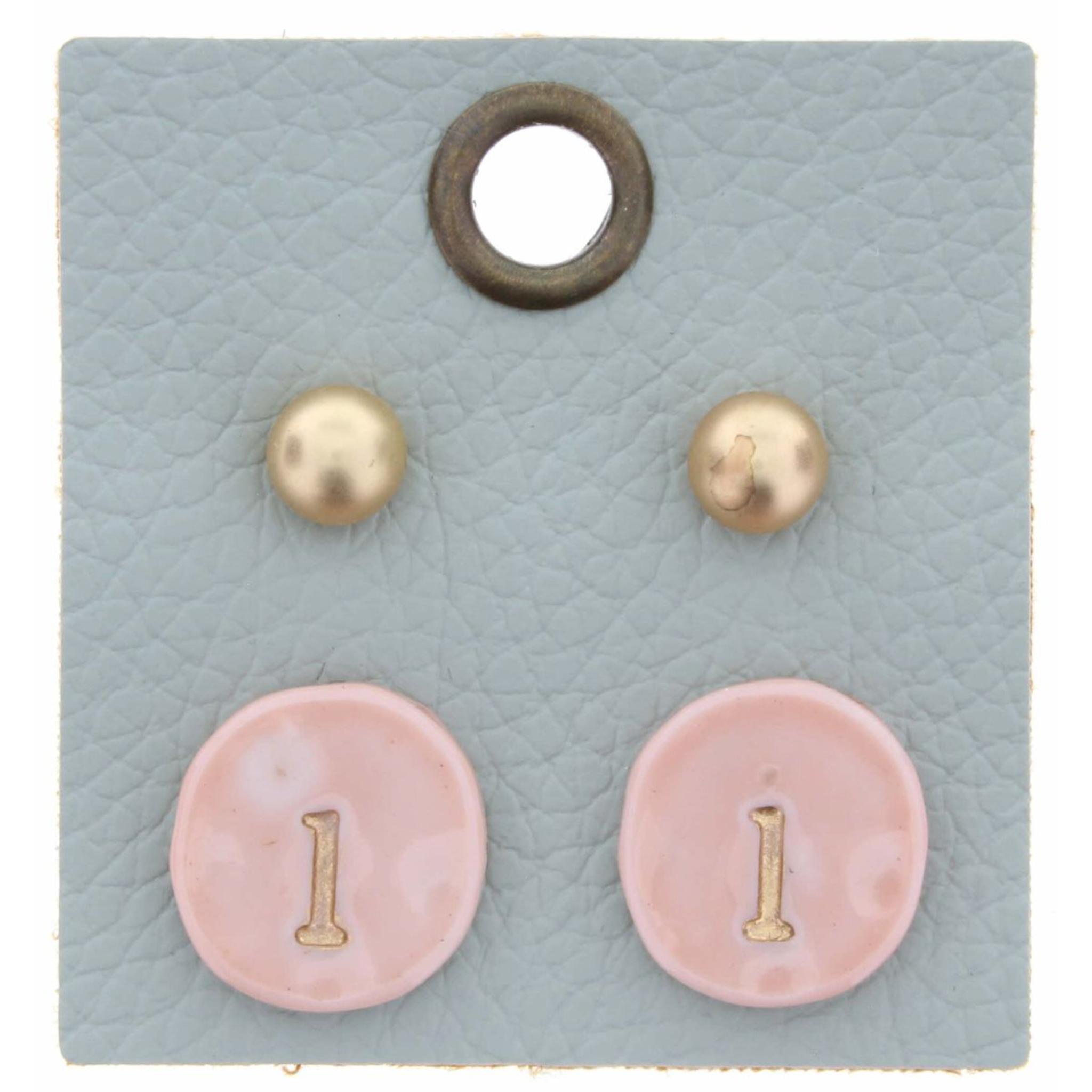 Gold Studs & Light Pink Stamped Initial "L" Disk Earring