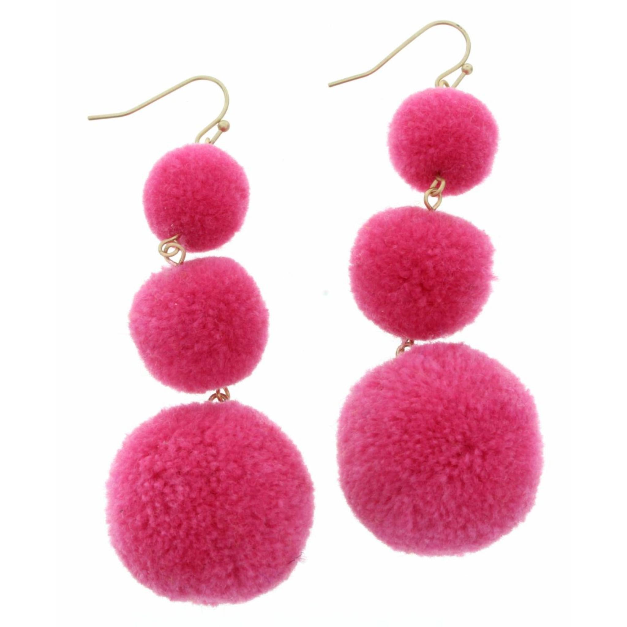 Pink Color, Multi Size Pom Poms Earring