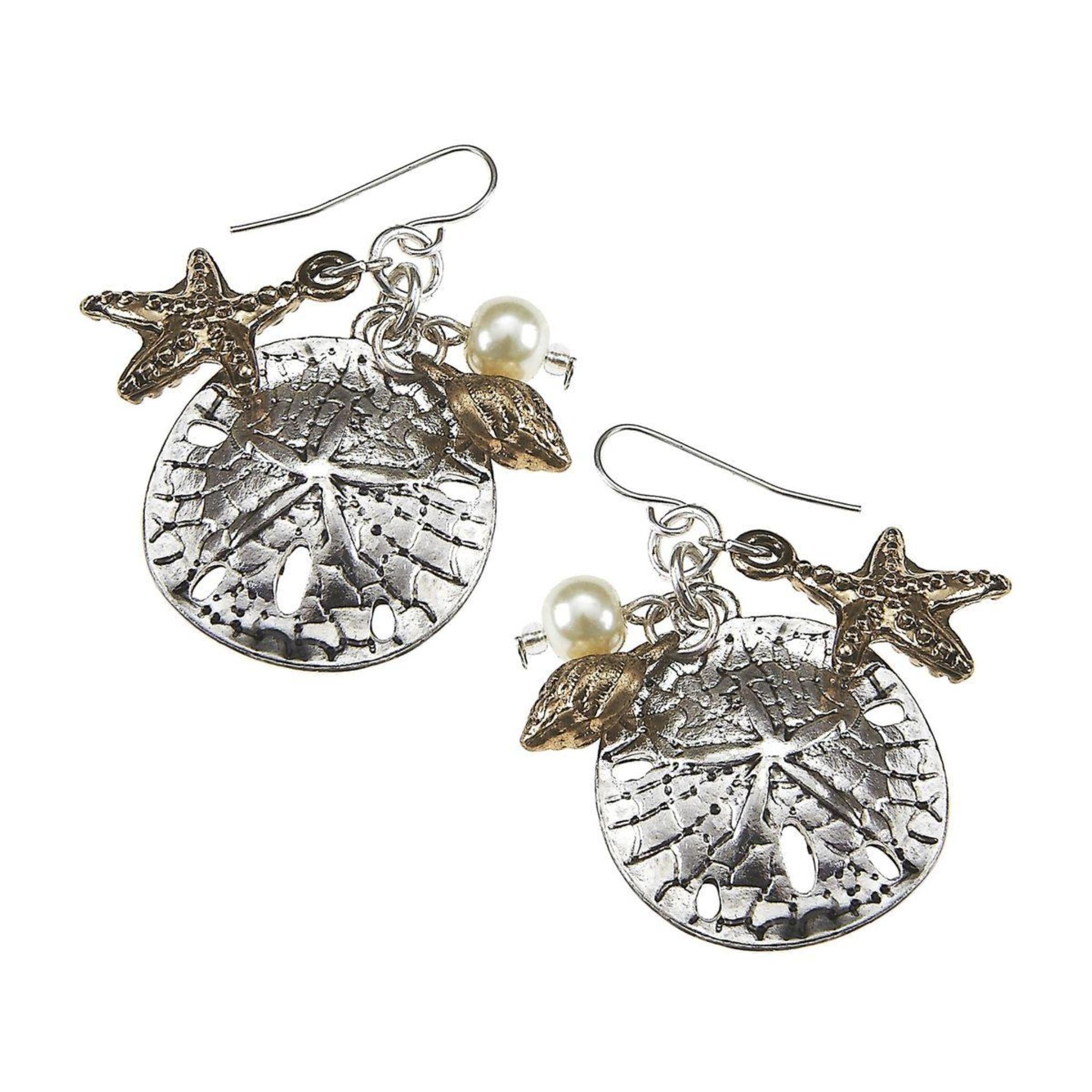 Antique Silver Sand Dollar and Ivory Pearl Cluster Earring