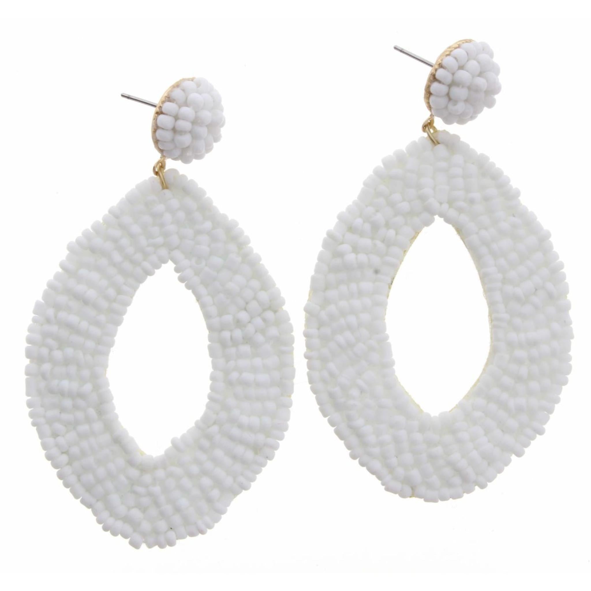 White Seed Bead Circle Post with Open Oval Earring