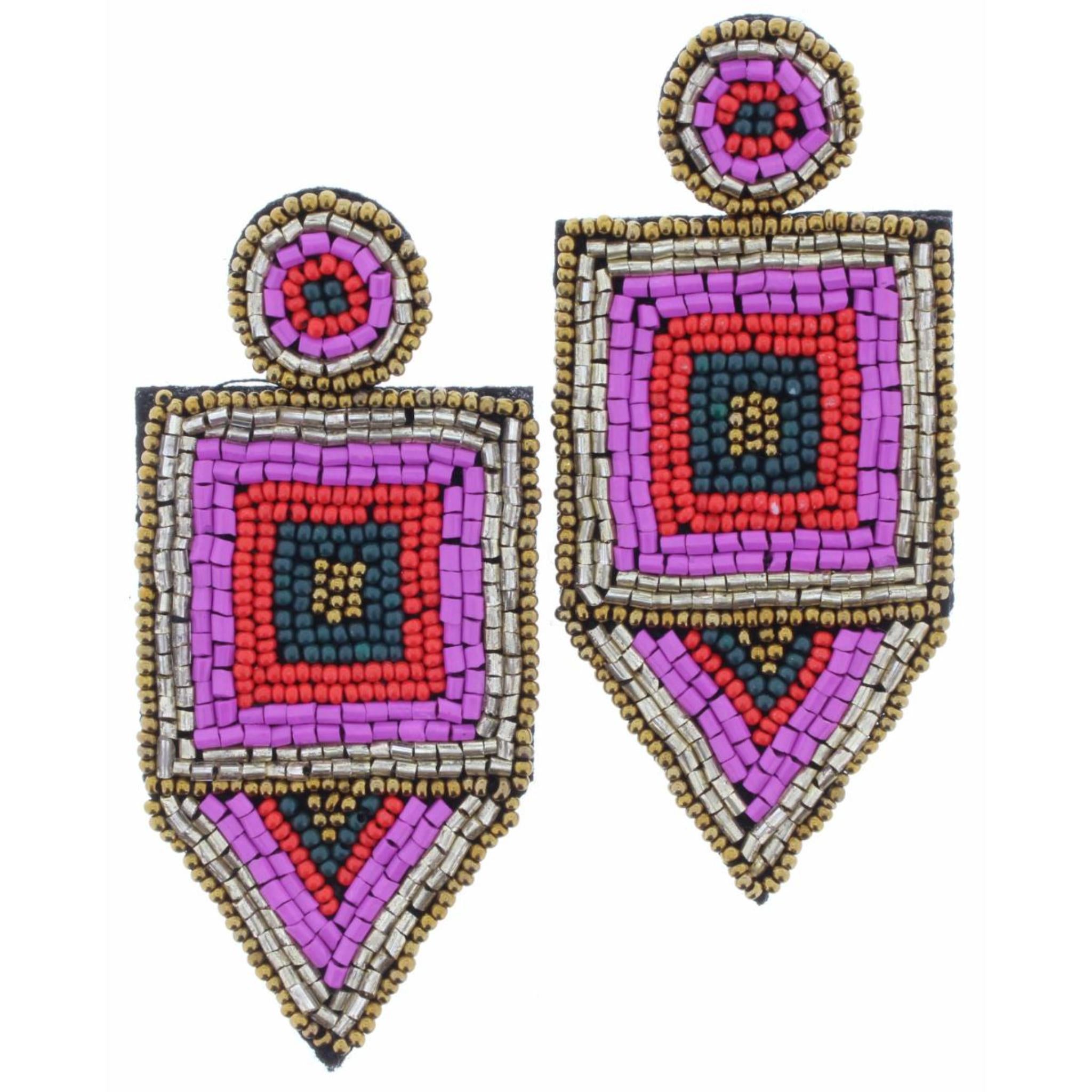 Pink, Gold, Dark Teal, Red Beaded Circle, Square & Triangle Earring