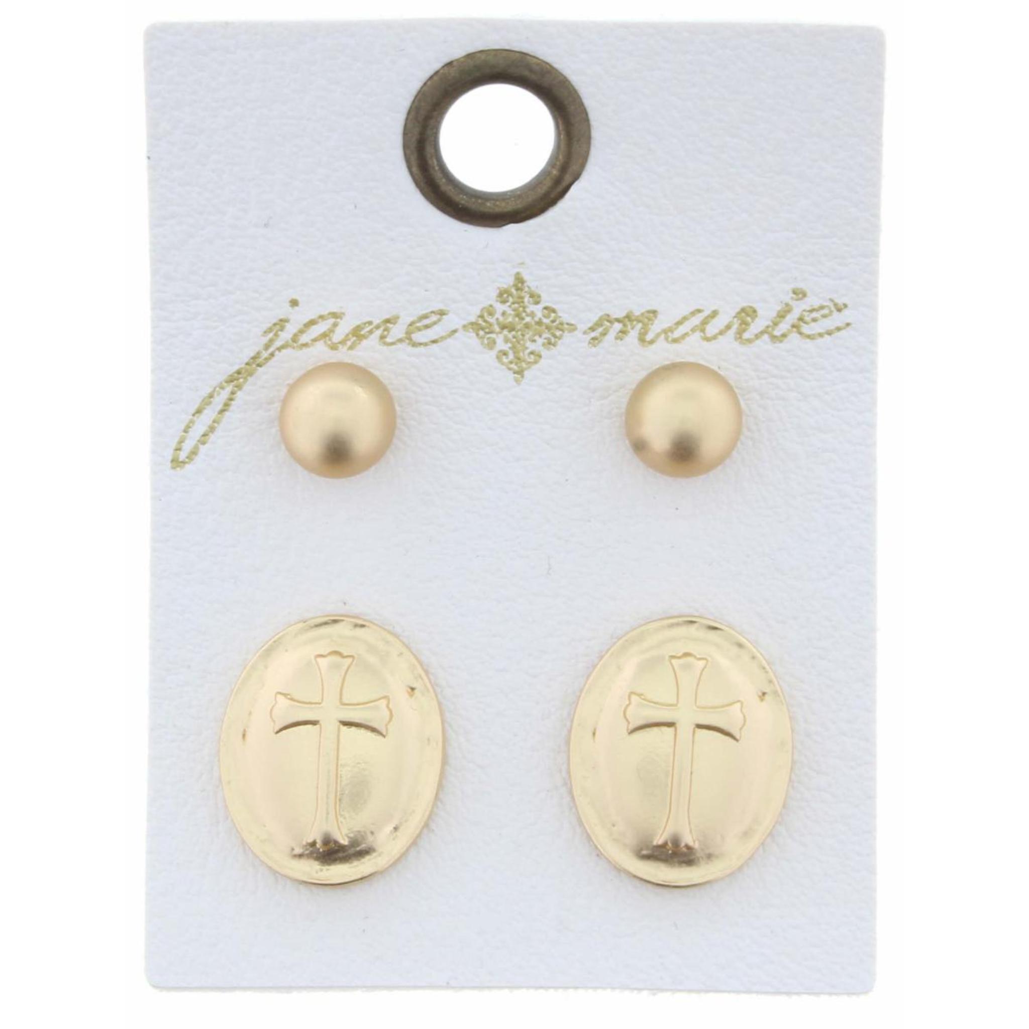 Set of 2, Gold Ball & Cross Oval Earring