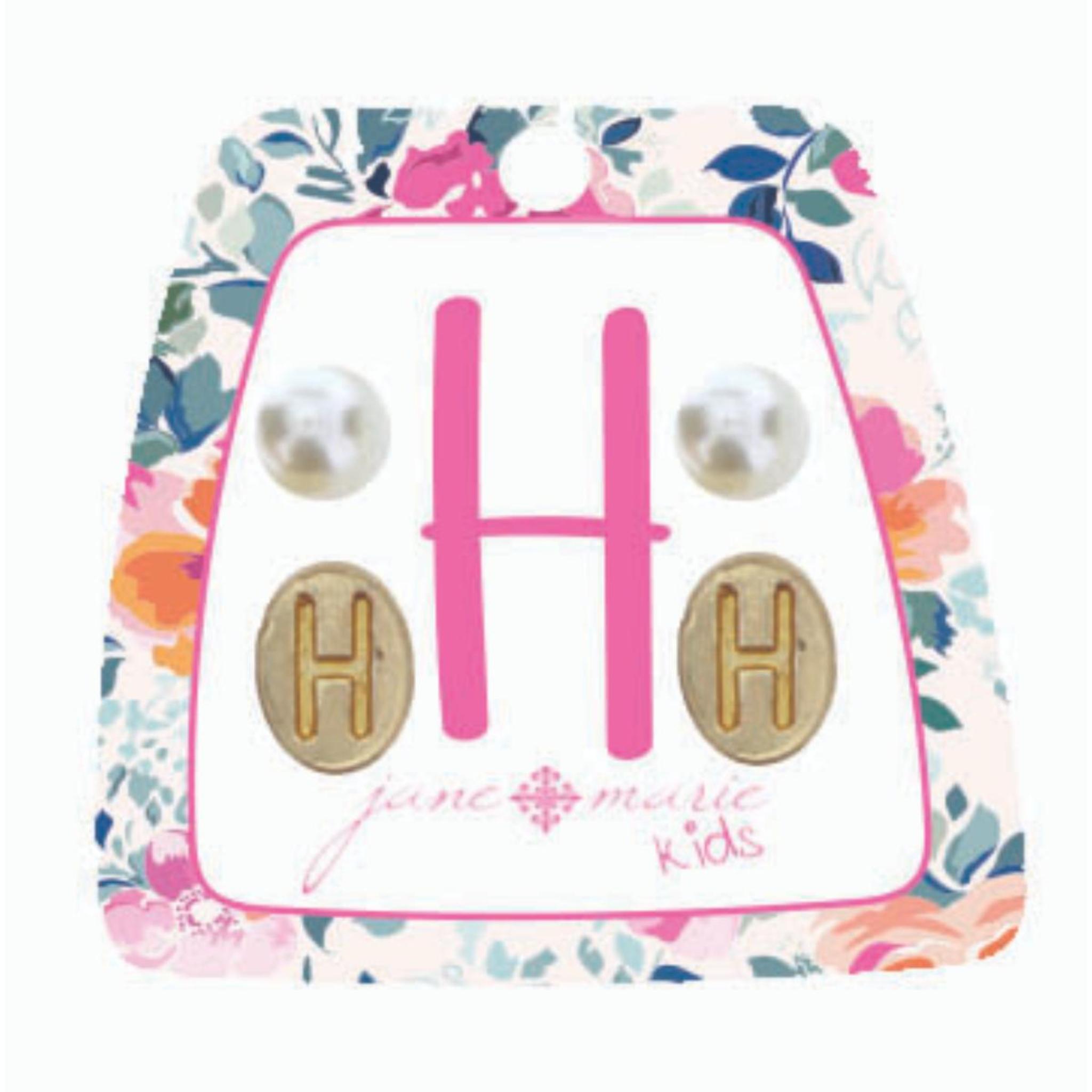 Kids Gold "H" Initial with Pearl Stud Earring