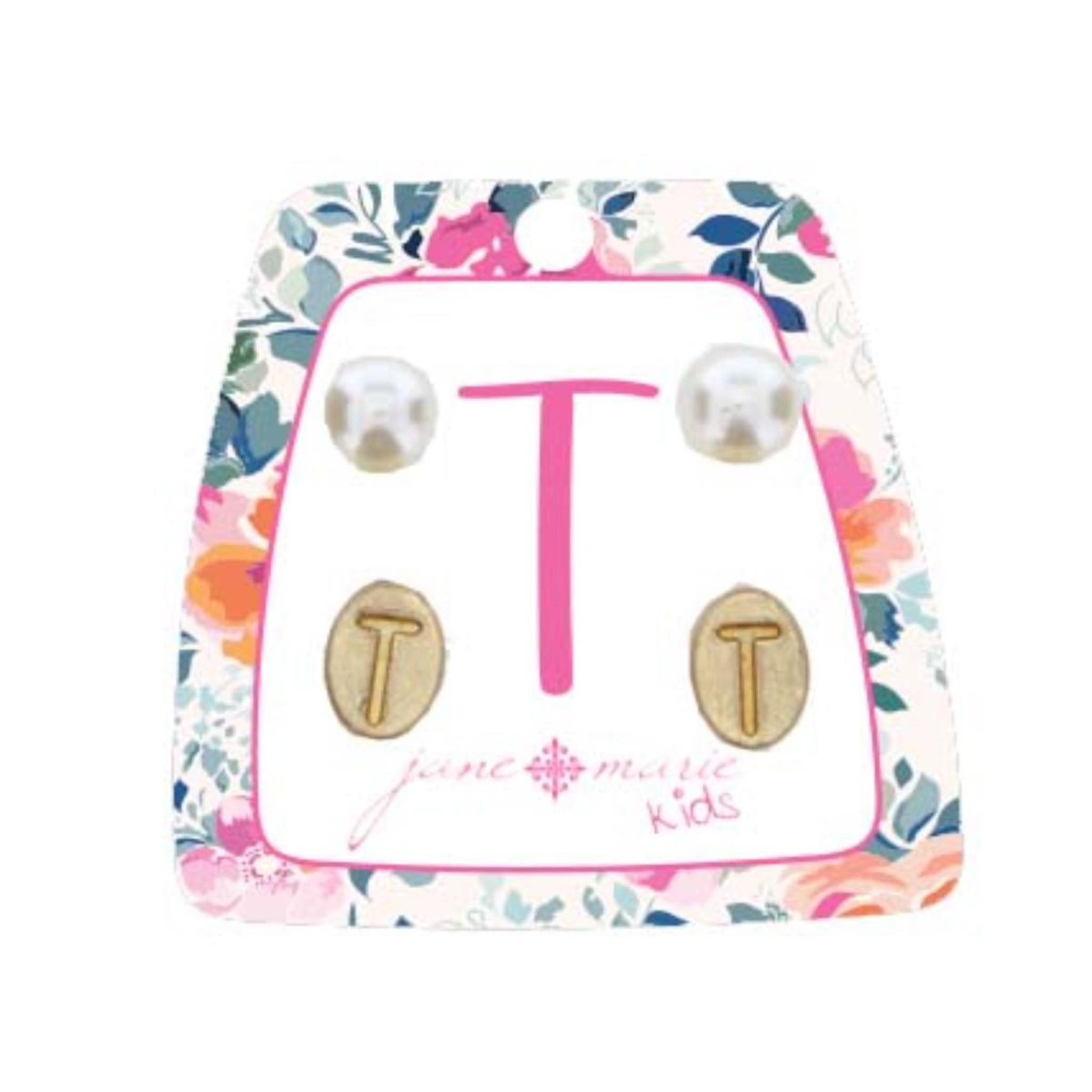 Kids Gold "T" Initial with Pearl Stud Earring