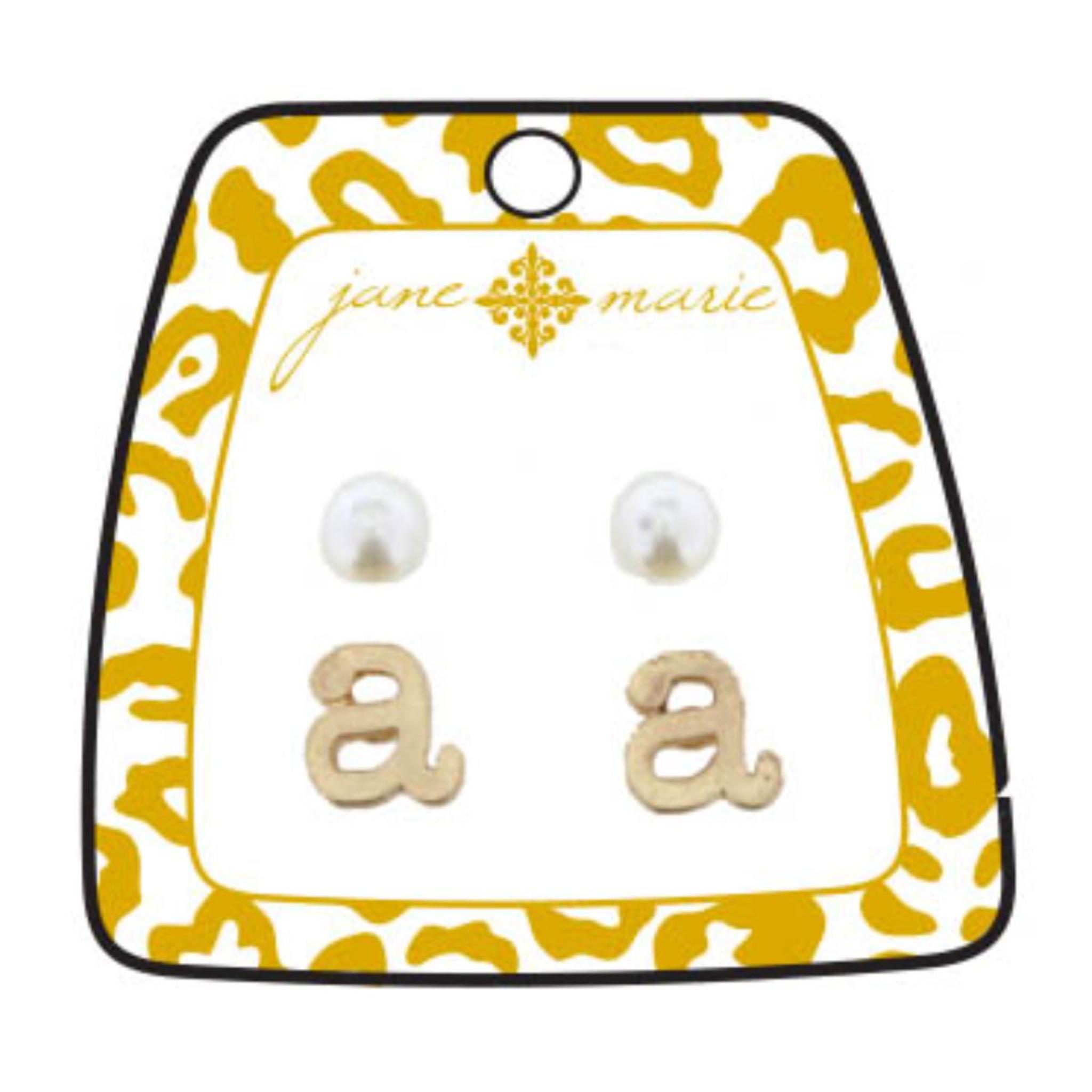 Gold "A" Block Initial with Pearl Stud Earring