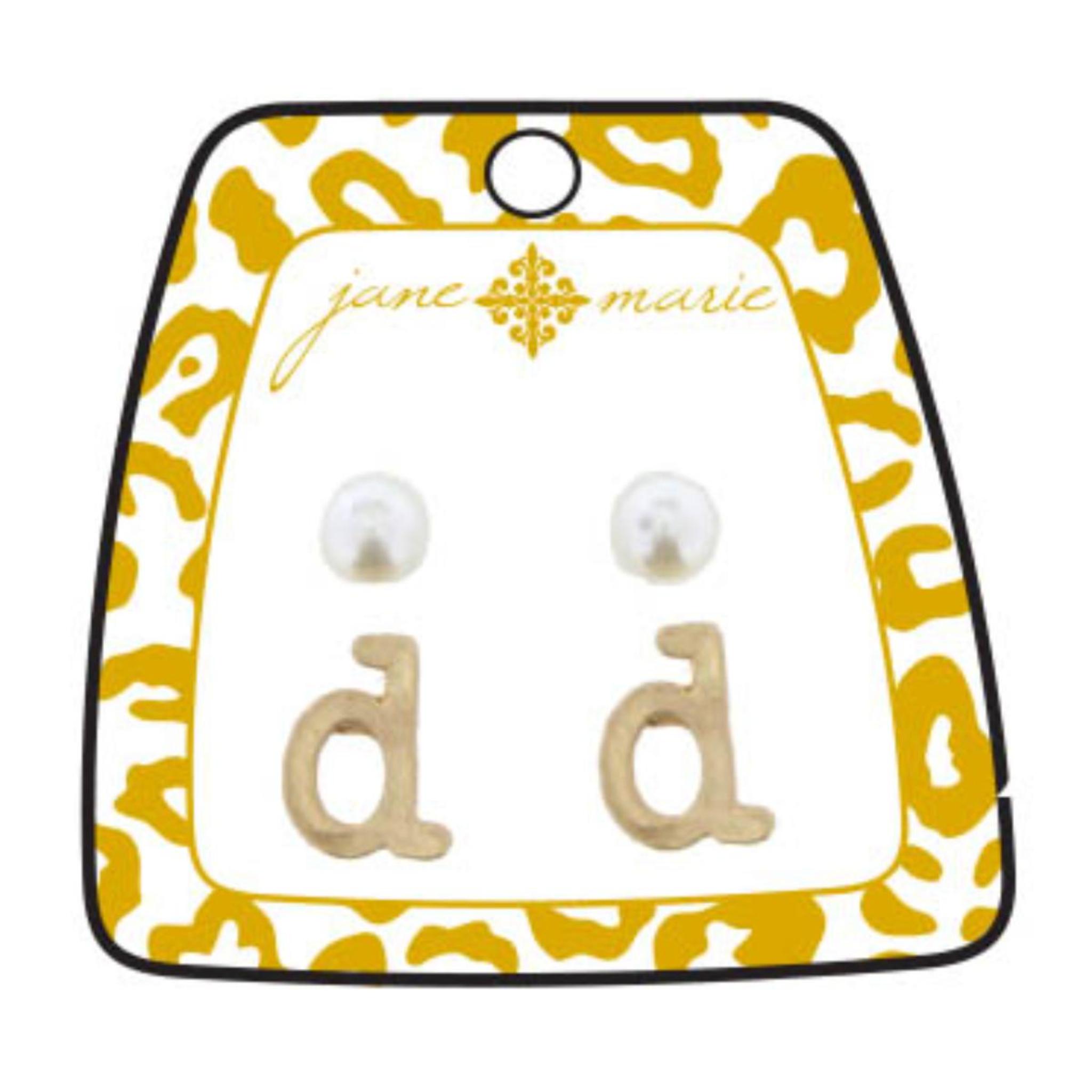Gold "D" Block Initial with Pearl Stud Earring