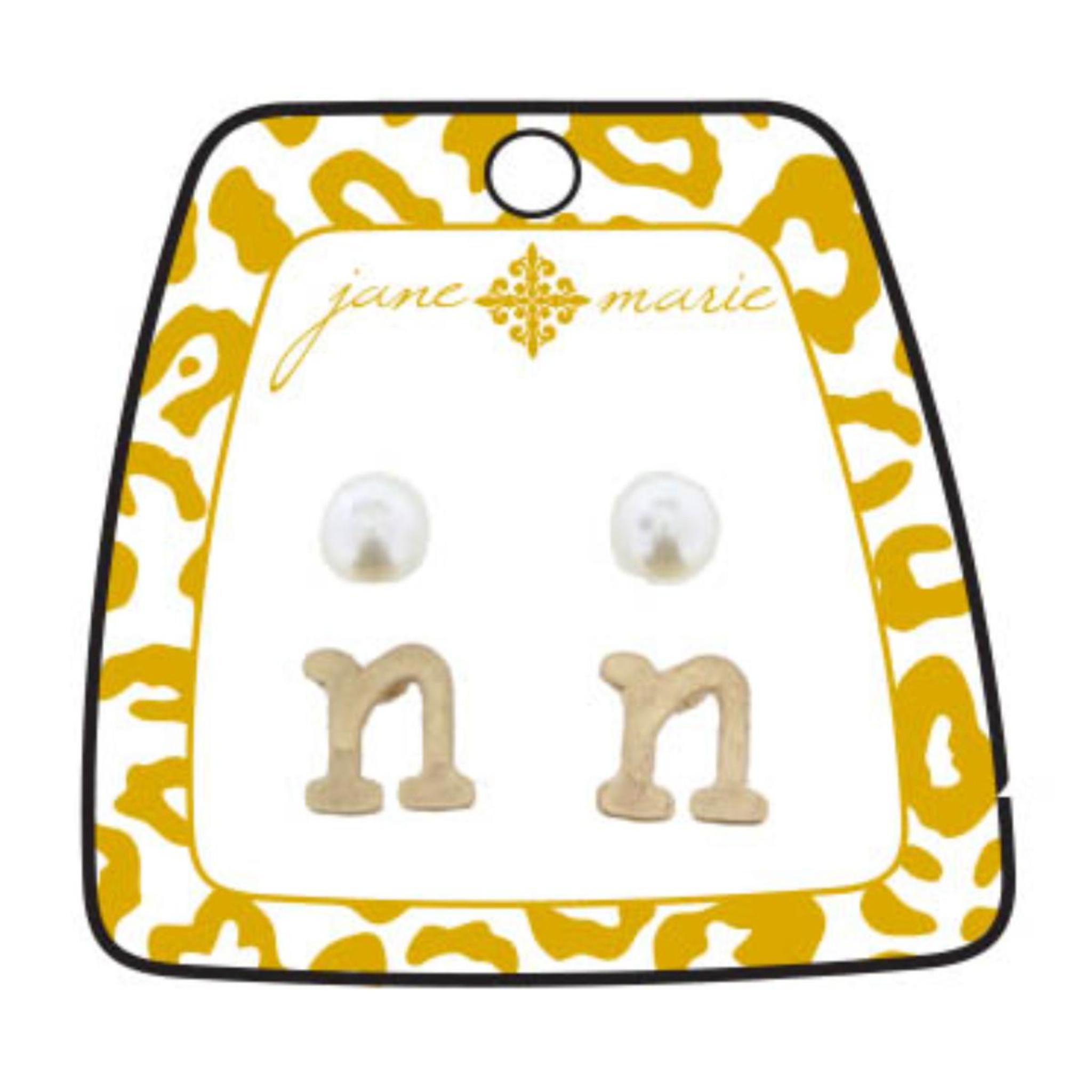 Gold "N" Block Initial with Pearl Stud Earring