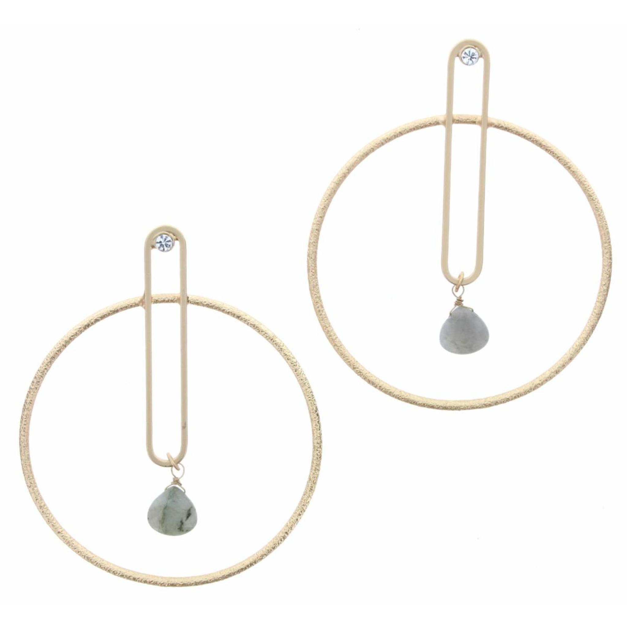 Gold Circular Rectangle with Clear Crystal & Labrodite Drop Inside Circle Earring