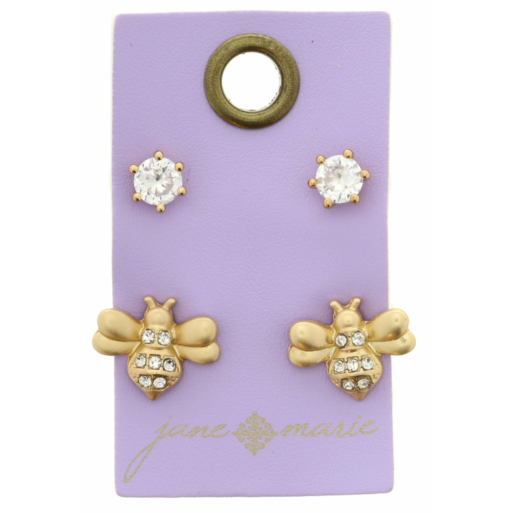 Kids Clear Crystal Stud, Gold Bee with Crystal Accents Earring