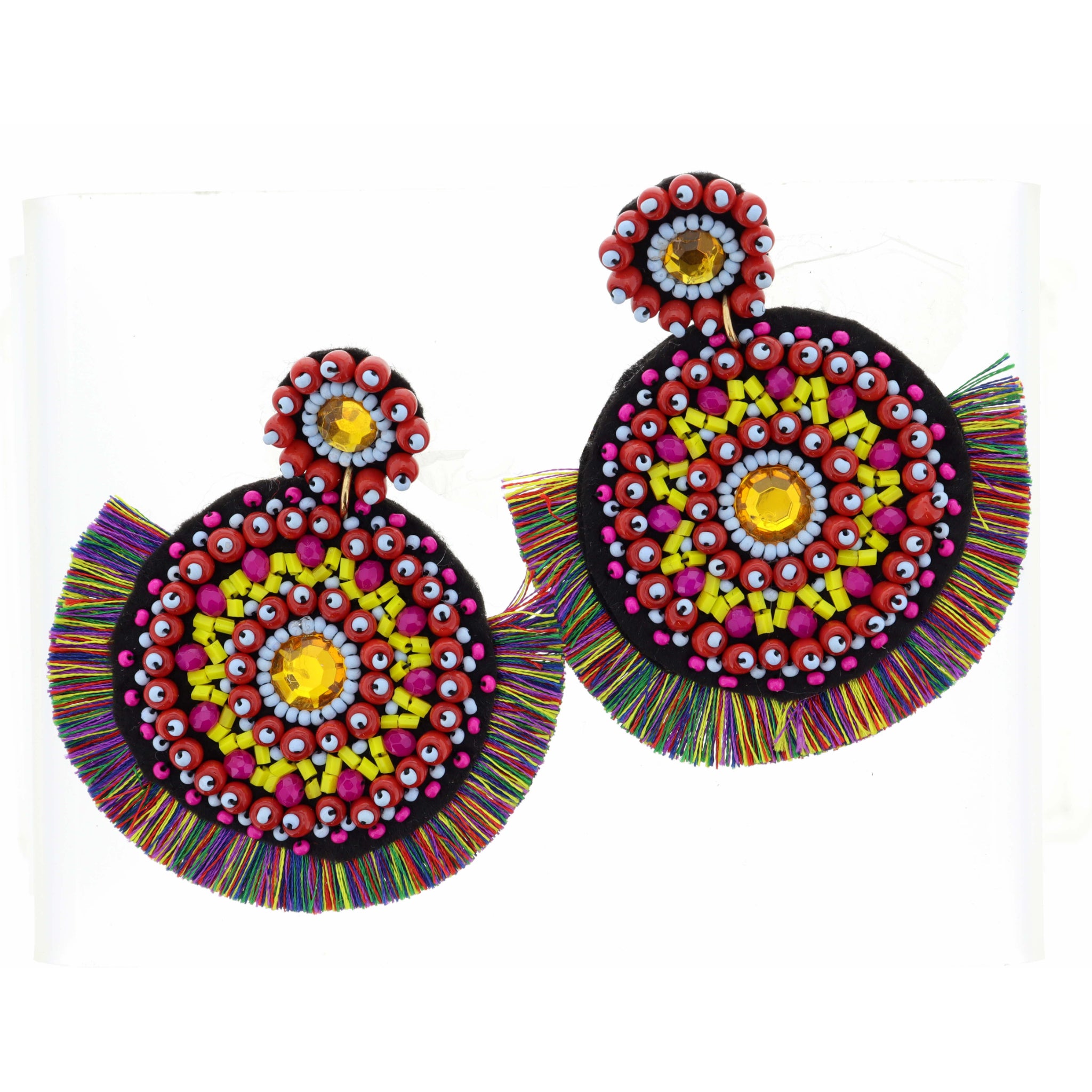 Red, Blue Circle Post with Multi Circle with Multi Fringe Fan Earring