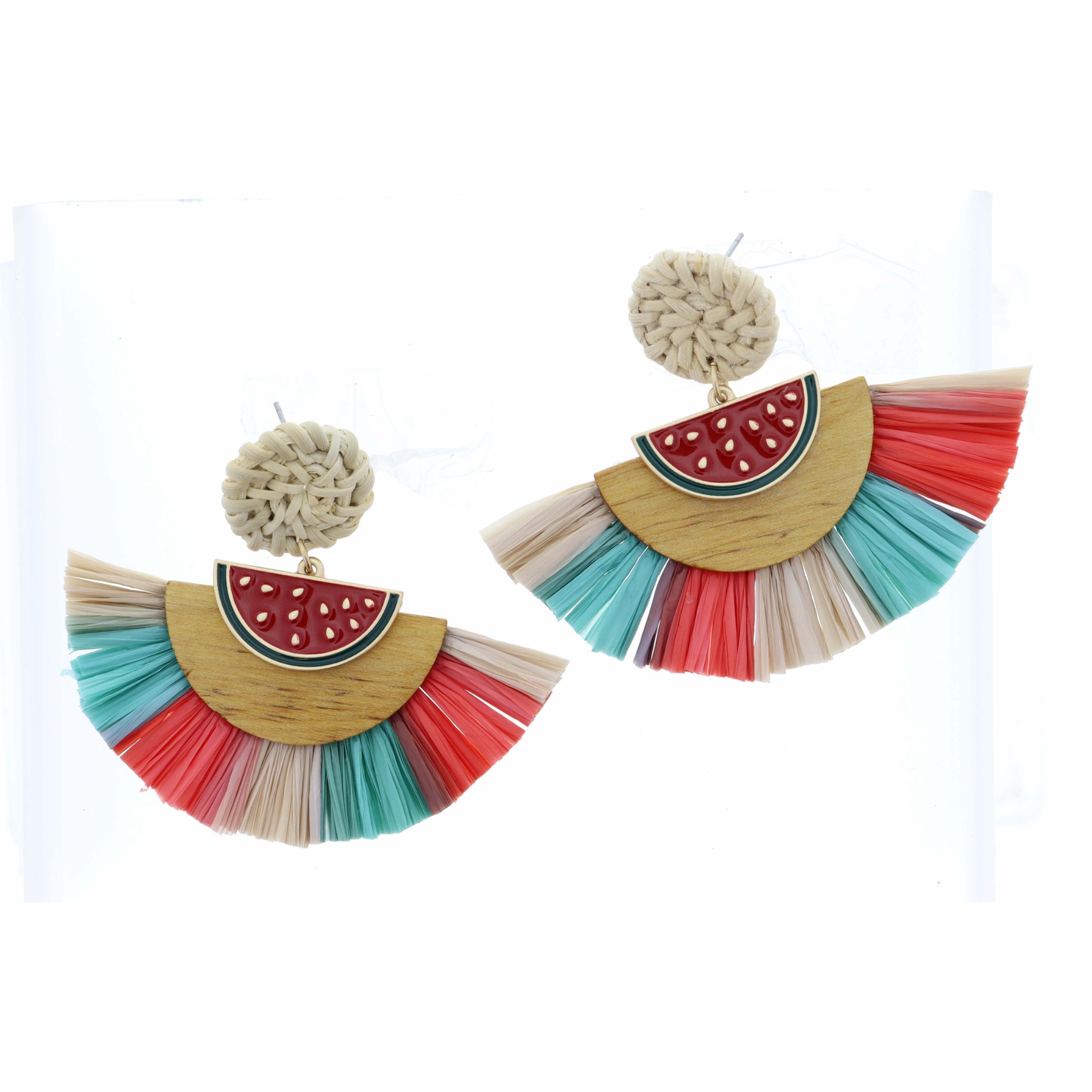 Tan Wicker Circle Post with Watermelon with Raffia Fan Earring