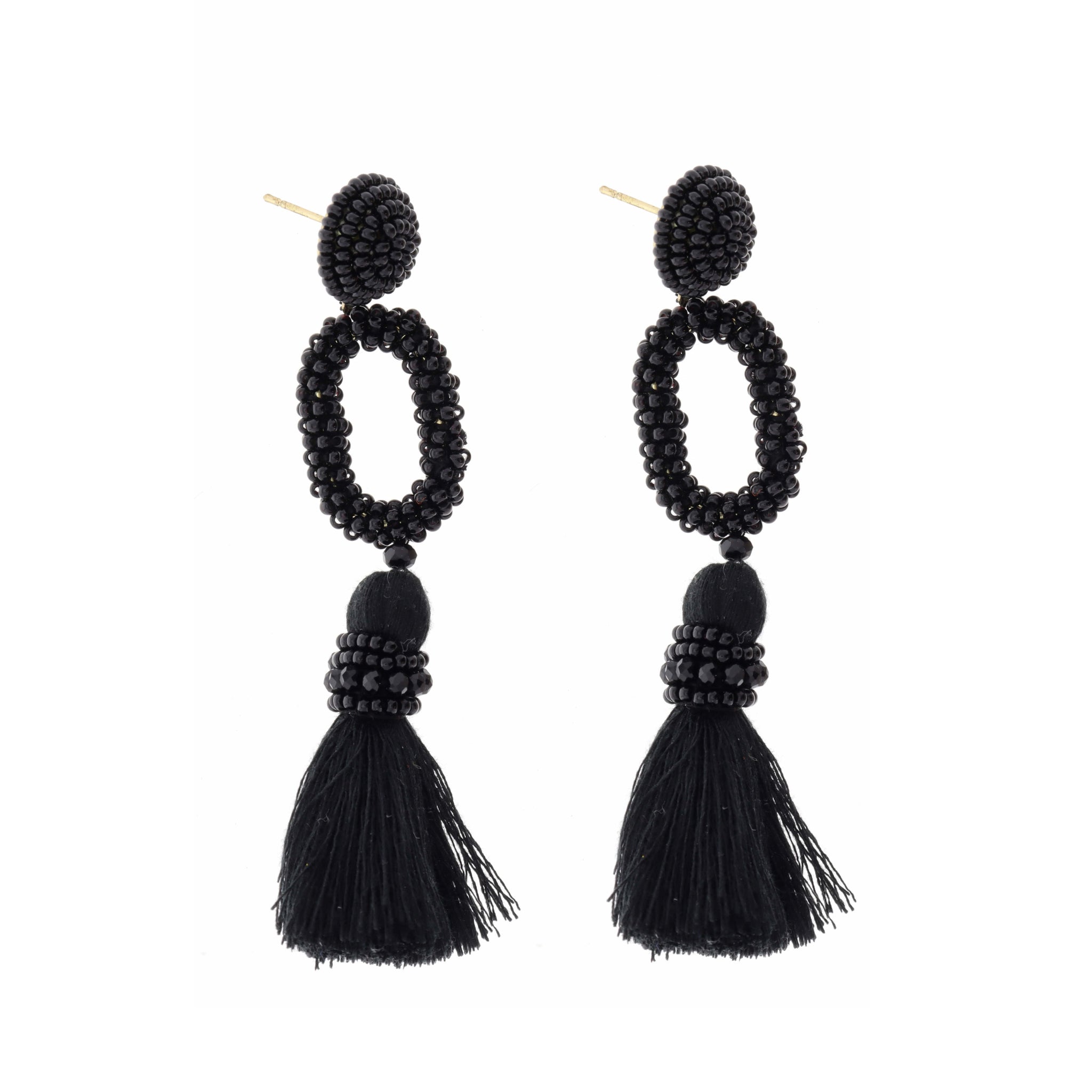 Black Seed Bead Post, Open Oval & Jet Tassel Earring