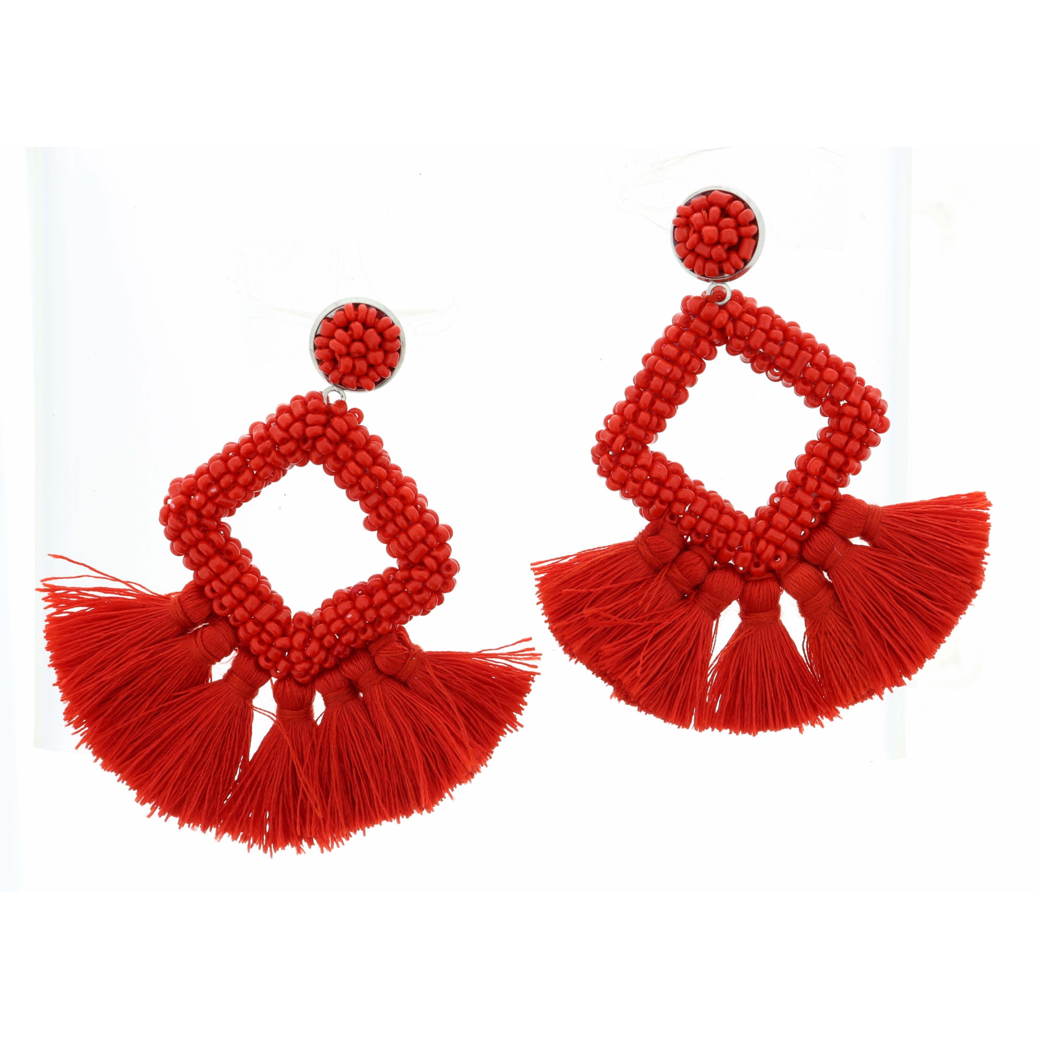 Red Seed Bead Post with Open Square with Red Tassels Earring