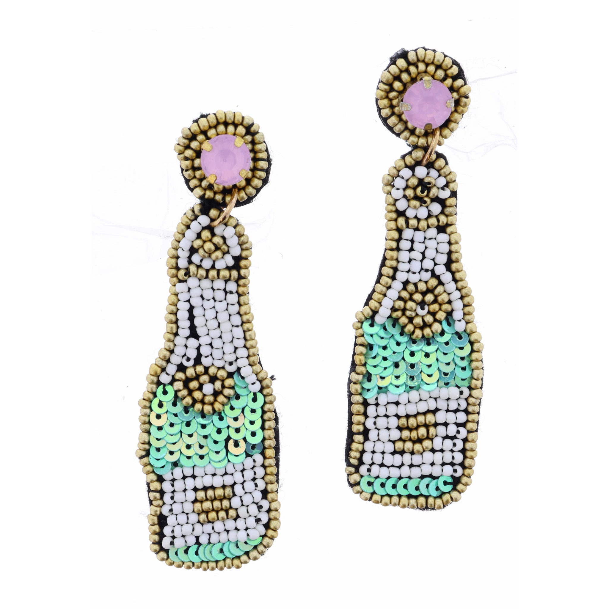 Gold Seed Bead Post with Pink Crystal, White, Mint, Gold Bottle Earring