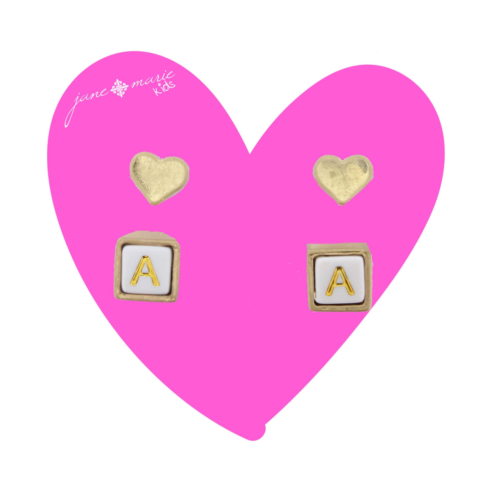 Kids Gold Heart Stud, White Encased Block with "A" Initial Earring