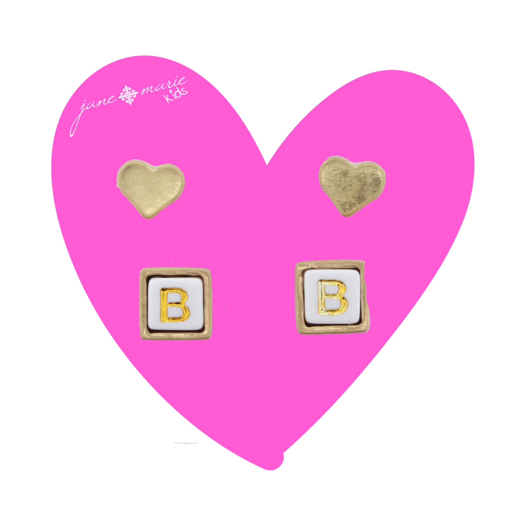 Kids Gold Heart Stud, White Encased Block with "B" Initial Earring