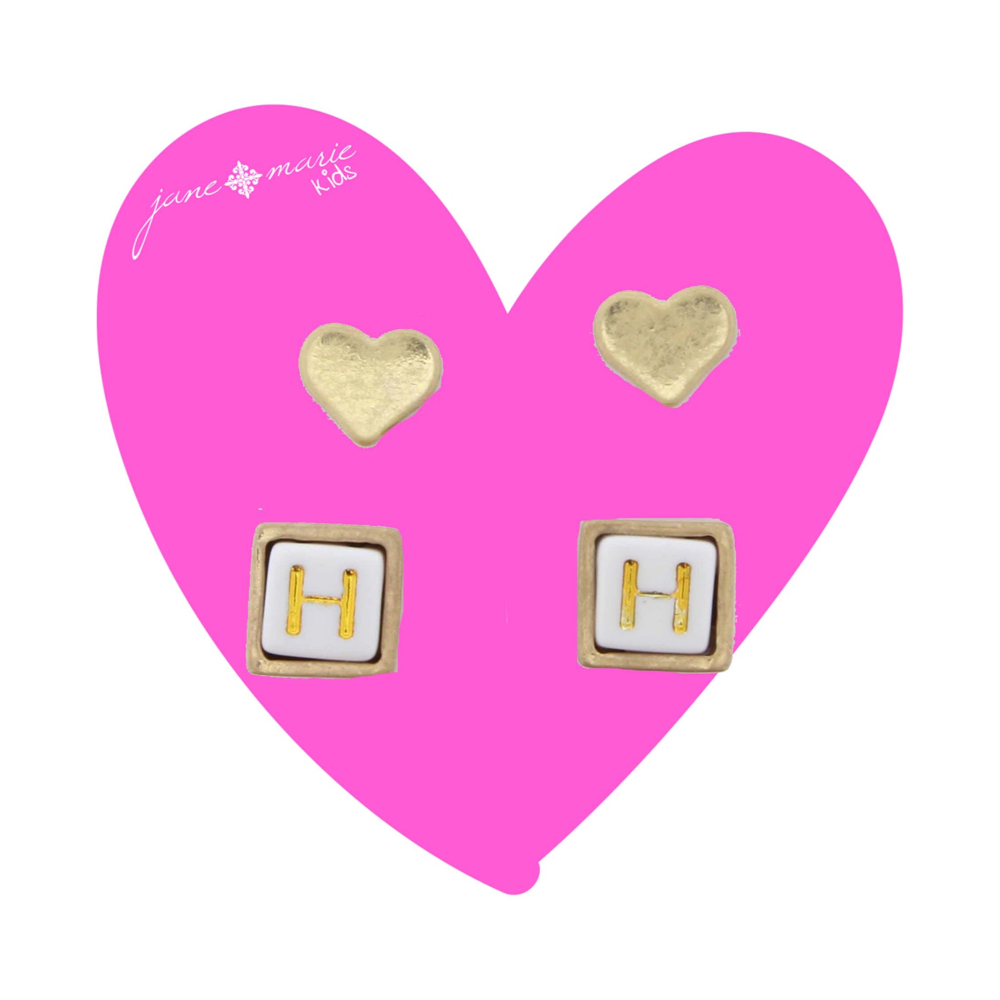 Kids Gold Heart Stud, White Encased Block with "H" Initial Earring