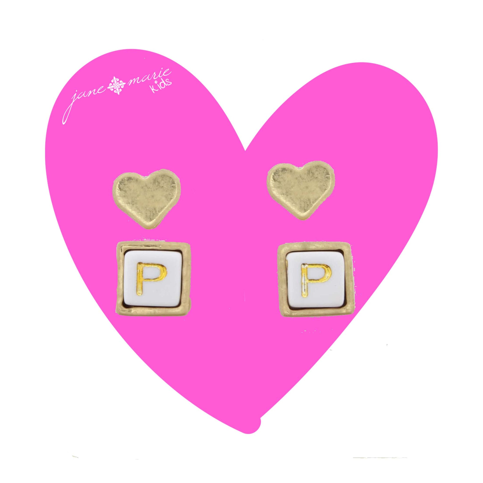 Kids Gold Heart Stud, White Encased Block with "P" Initial Earring