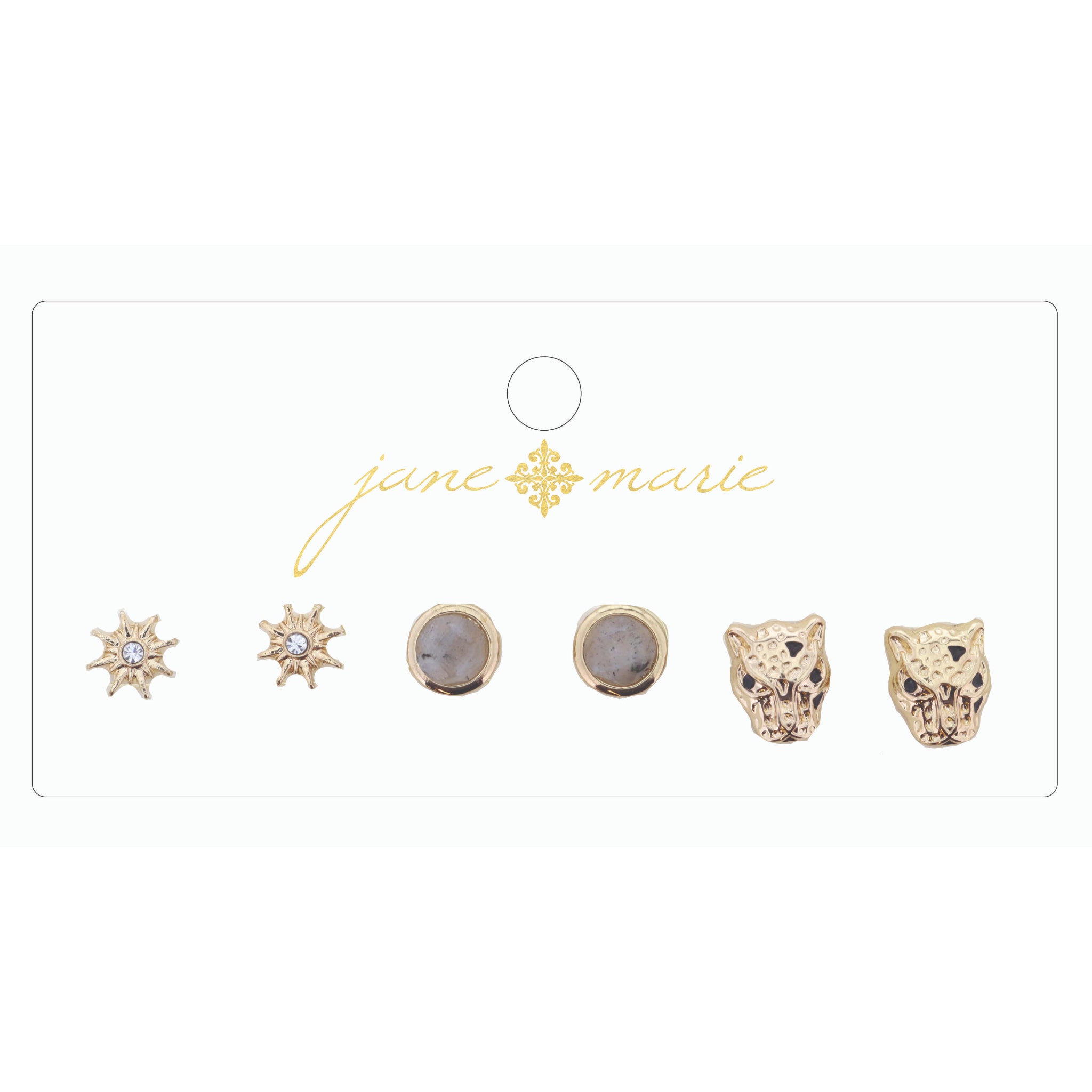 3 Stud, Labradorite Circle, Jaguar Head, and Star Earring